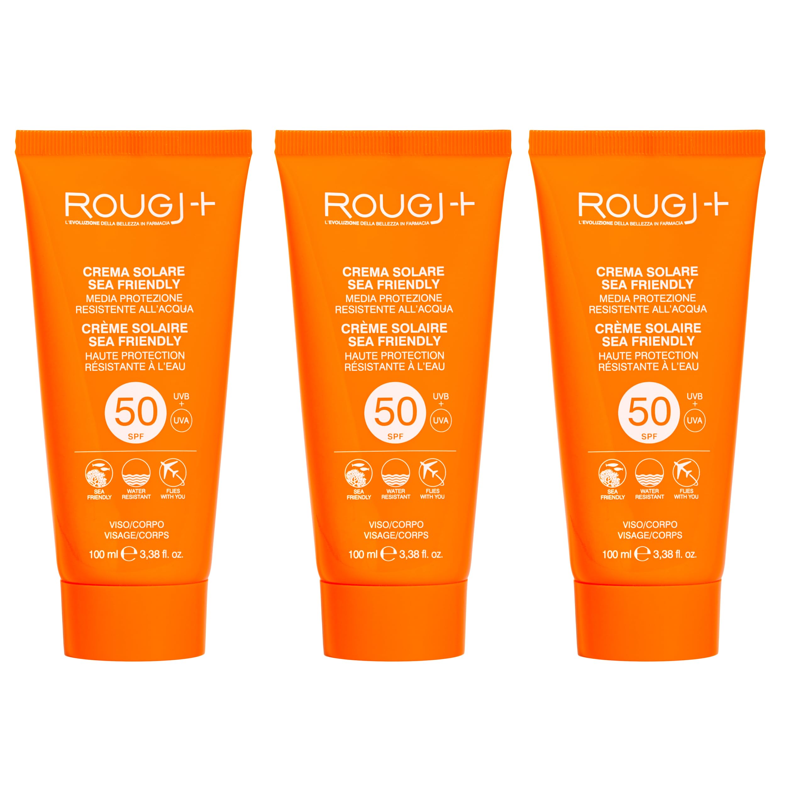 Rougj Crema Solar 50 Cuerpo Sin Perfume 100ml x 3 - Protector Solar Corporal 50 Resistente Al Agua Para Piel Sensible - Crema Solar Corporal Protección Solar Spf 50 Sunscreen Spf 50 - Made In Italy