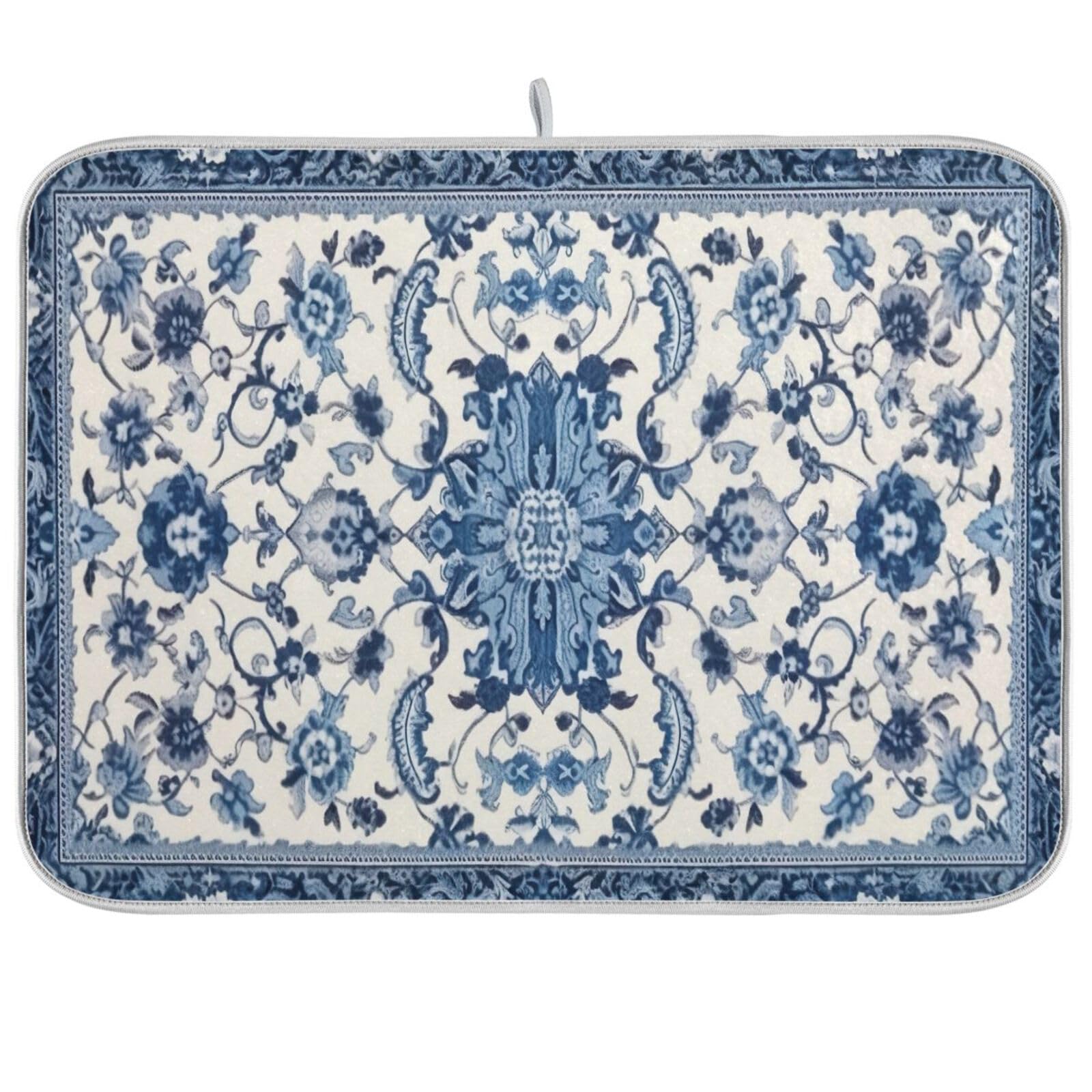 Wassud Dish Drying Mat Kitchen Counter Absorbent Blue and White Pattern Coffee Sink Mat Dish Drainer Pad 18 Inch x 24 Inch