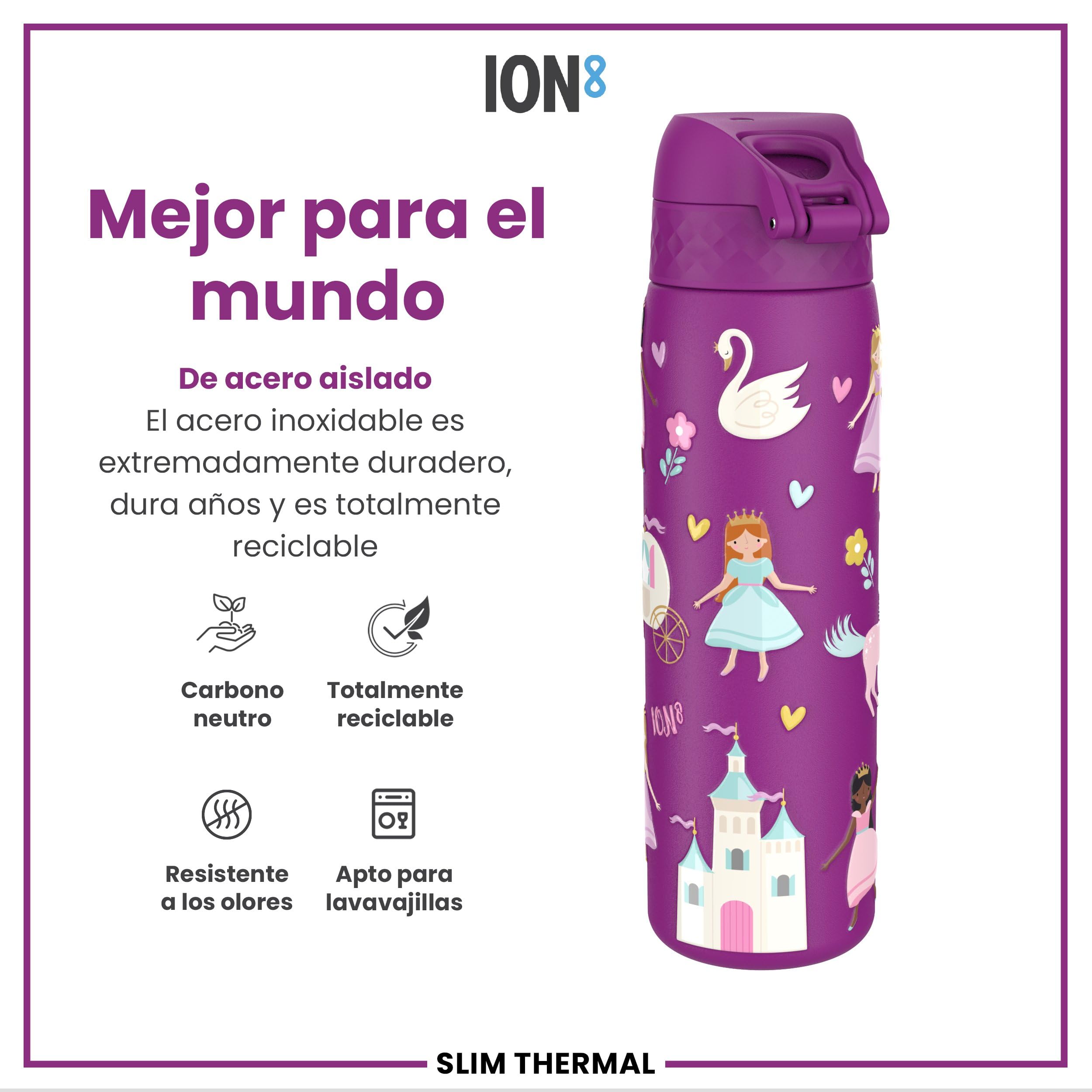 ion8 Botella Agua Acero Inoxidable Termica, 500ml, a Prueba de Fugas, Fácil de Abrir, Cerradura Segura, Aptas para Lavavajillas, Adapta a Portavasos, Asa de Transporte, Princesa