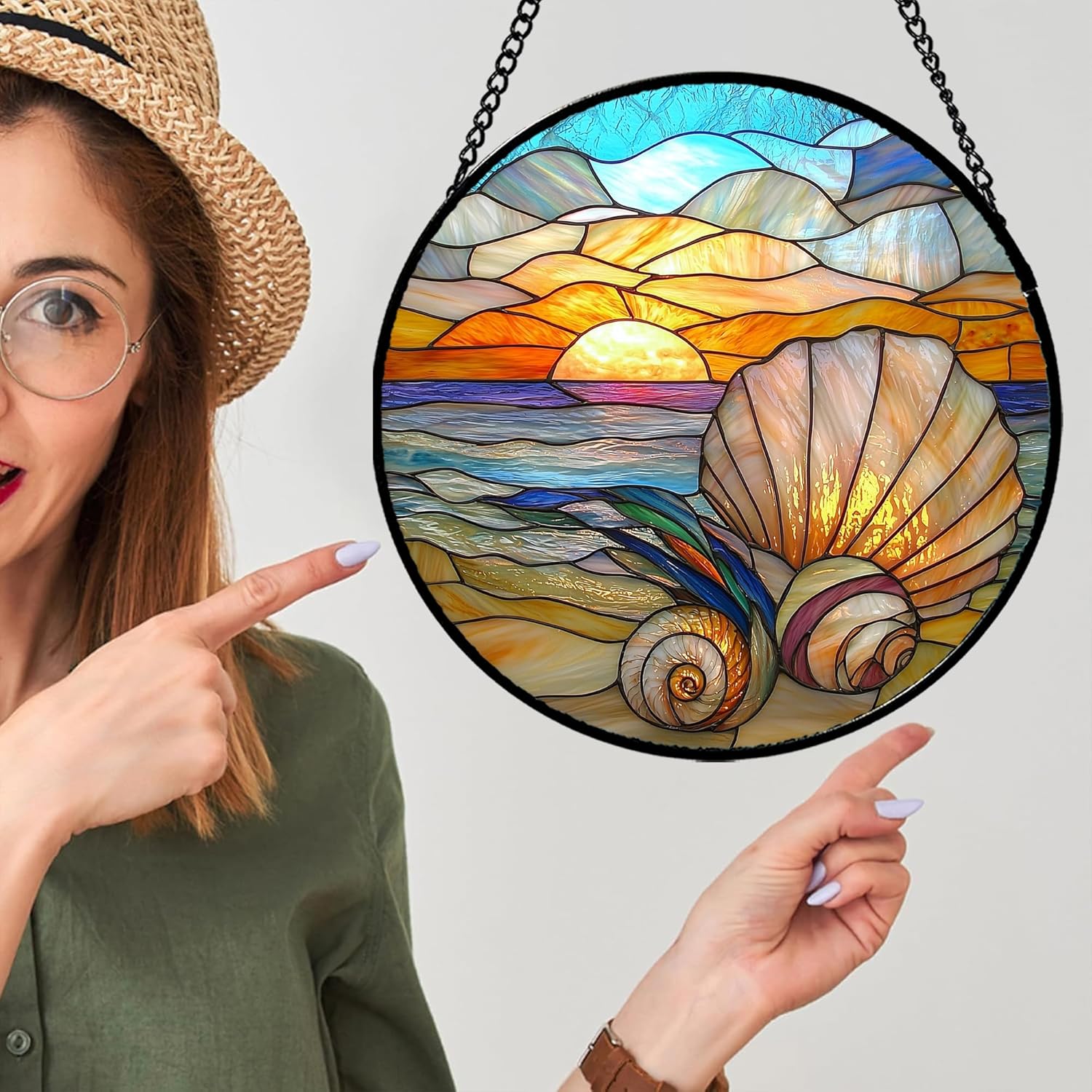 Stained Glass Window Hanging - Colorful Beach Shells Conch Sun Catcher for Door Home Decor Ocean Suncatcher Christmas Mother's Day Birthday Sea Lover Gifts for Women Men Mom Nana 7.8 in - Image 3