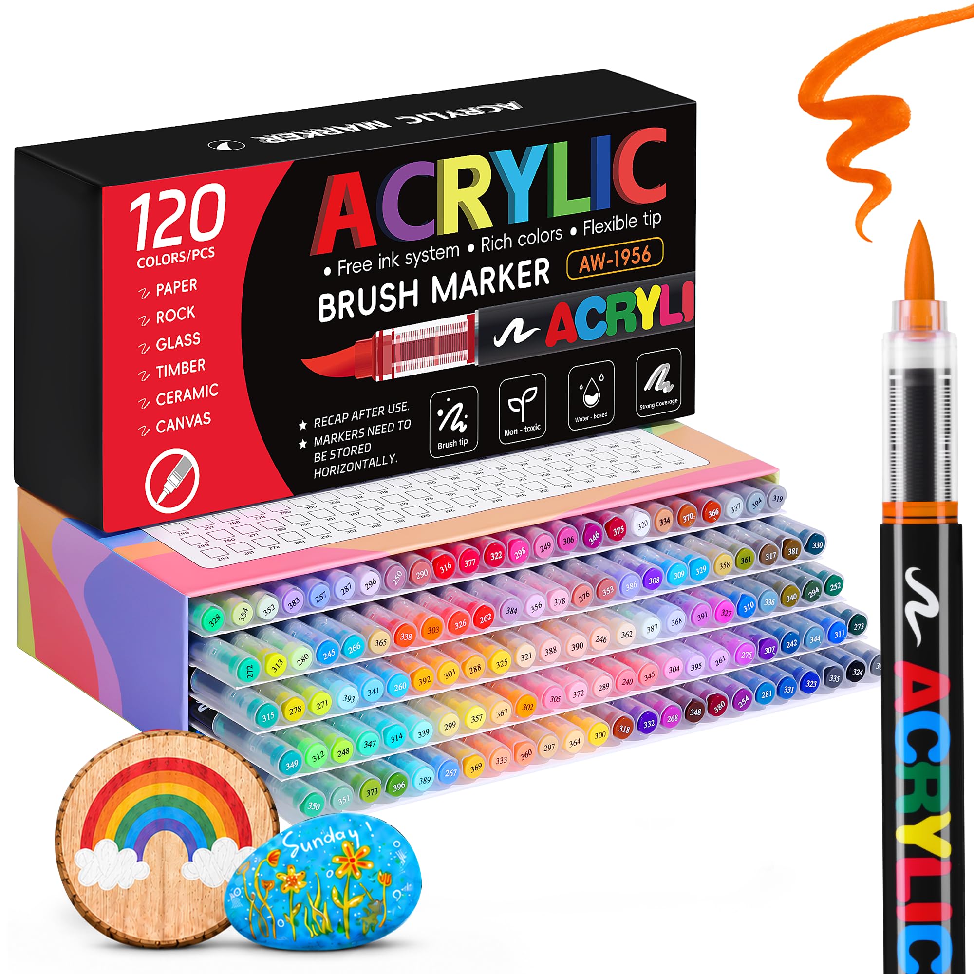 Tongfushop 120 Farben Acrylstifte Set, Pinselspitze Acrylmarker mit Automatischer Tintenkontrolle, Deckend & Permanent für Stein, Keramik, Holz, Leinwand, Professionelles Zubehör für Kreative & Profis