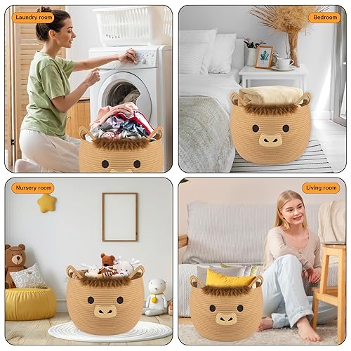 Miniatura 4 de Highland - Cesta de vaca para guardería, cesta de regalo grande para manta, cuerda tejida, almacenamiento de algodón, organizador de lavandería para