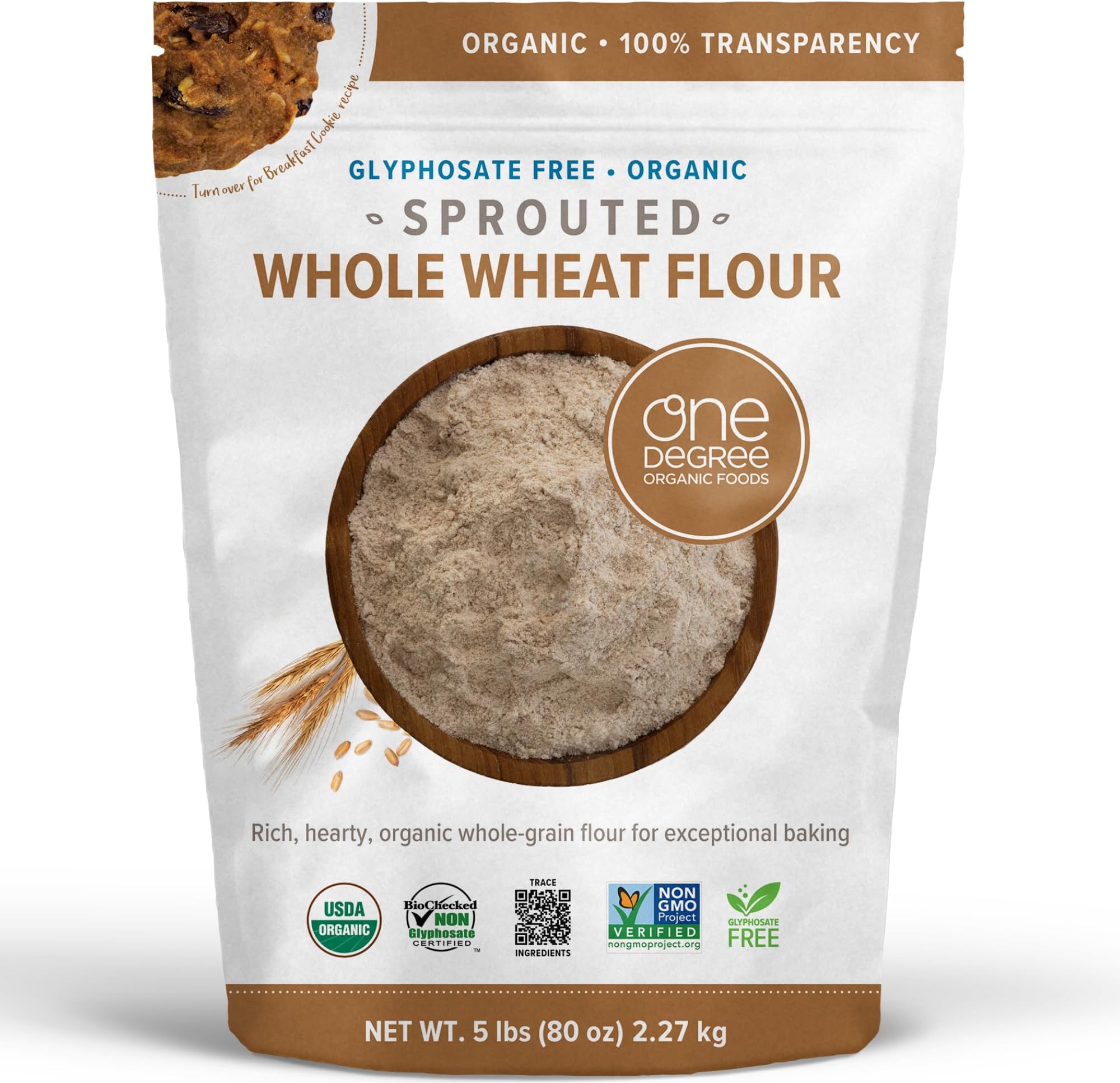 One Degree Organics Sprouted Whole Wheat Flour, Glyphosate-Free, USDA Organic, Whole Grain, High Fiber, Non-GMO, Vegan, Kosher, White Flour Alternative for Baking, 80 ounce (Pack of 1)