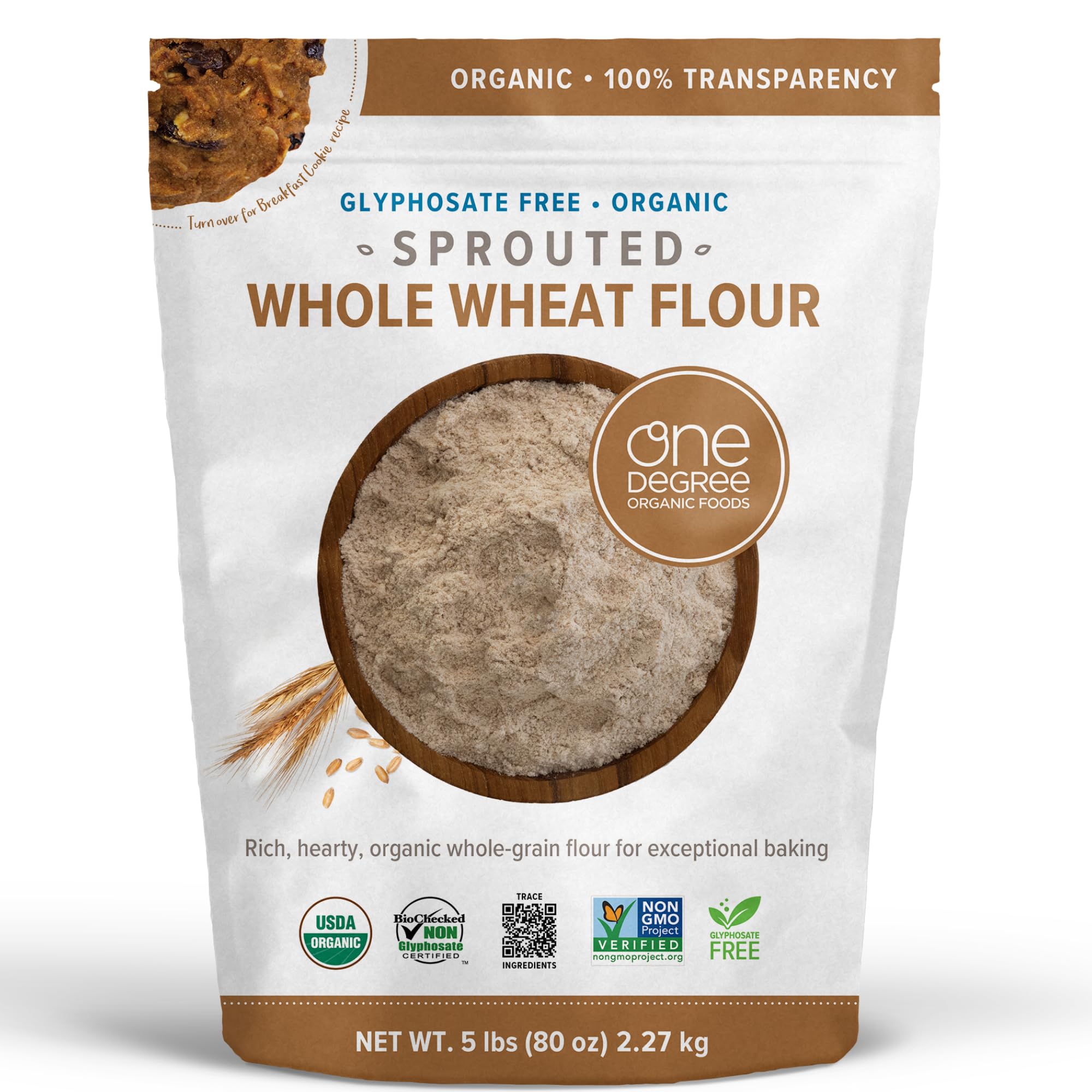 One Degree Organics Sprouted Whole Wheat Flour, Glyphosate-Free, USDA Organic, Whole Grain, High Fiber, Non-GMO, Vegan, Kosher, White Flour Alternative for Baking, 80 ounce (Pack of 1)