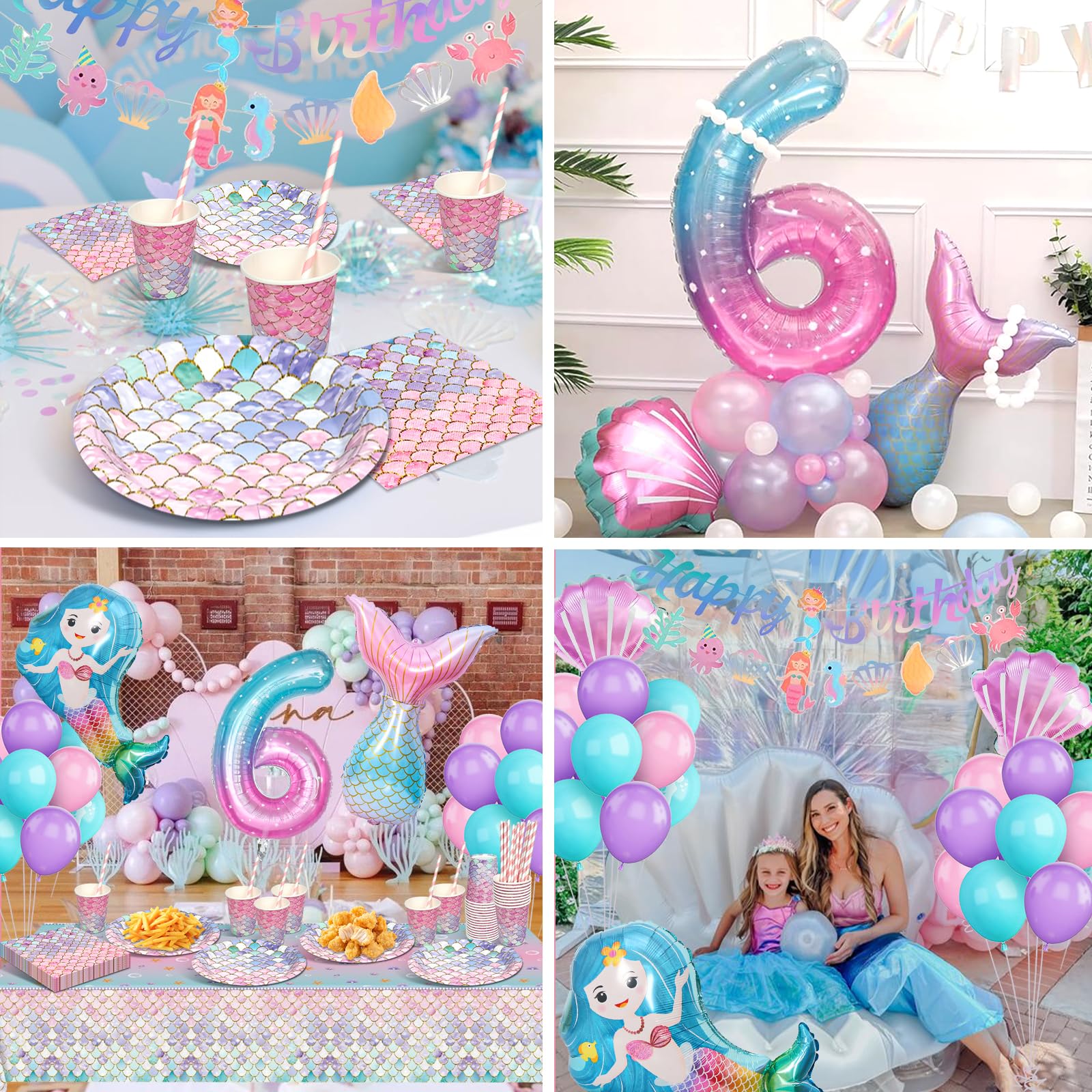 Sirenetta Compleanno Stoviglie per Feste, Sirenetta Palloncini Decorazioni Compleanno 6 Anni, Sirenetta Party Decoration con Palloncino per 6 Anni Ragazze Decorazione 16 Ospiti
