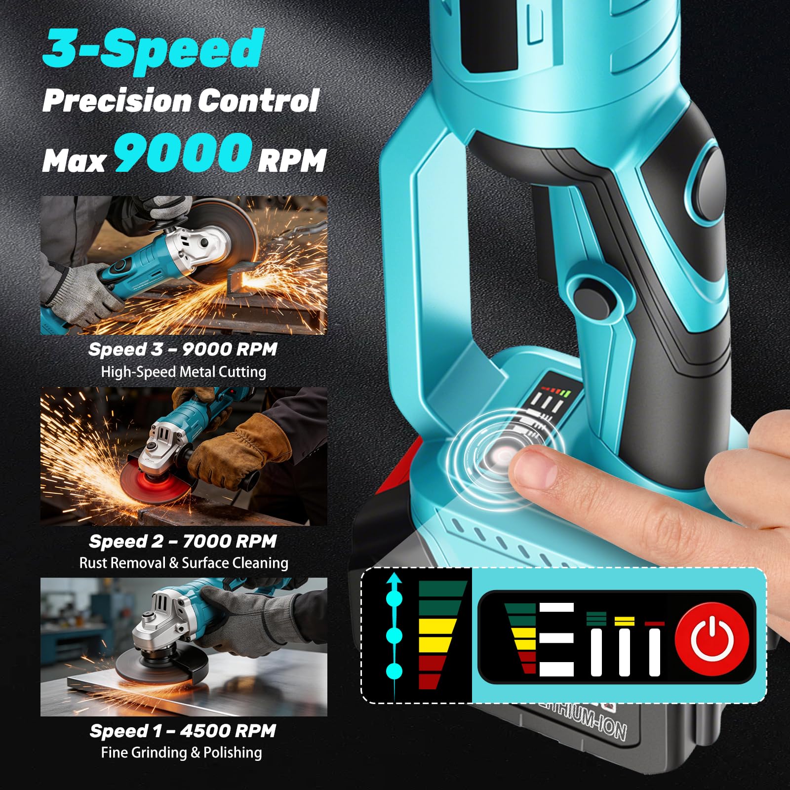 Yofuly Amoladora Angular Batería Compatible con Baterías Makita de 18V, Radial Eléctrica con 2 Batterie da 4,0 Ah | Testa Girevole a 180° | 3 Velocità | 9000 giri/min 125mm Rebarbadora con 6 Dischi