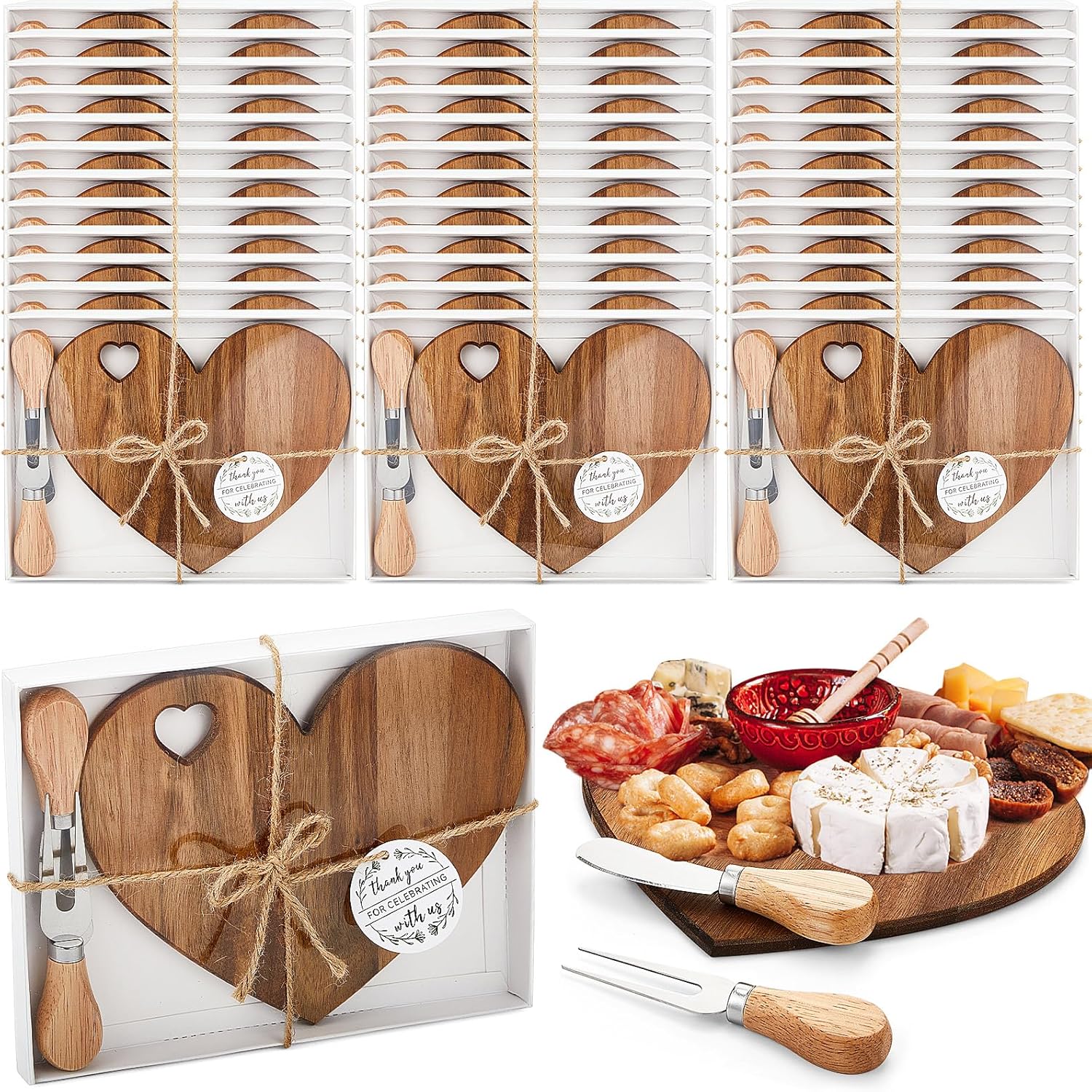 Patelai 36 Set Bridal Shower Party Favors Wooden Heart Shaped Cheese Board Cheese Knives Set Thank You Tags with White Box Gifts for Guests Prizes Wedding Party Baby Shower Valentines Day (Acacia) 36 Acacia