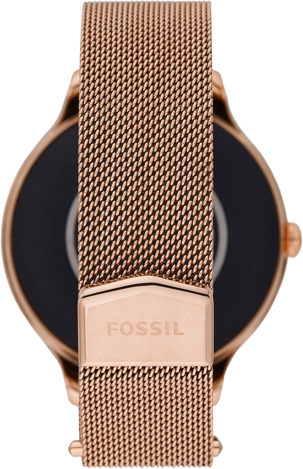 Side view of the Fossil Gen 5E Smartwatch showing the single crown button and sleek rose gold casing.