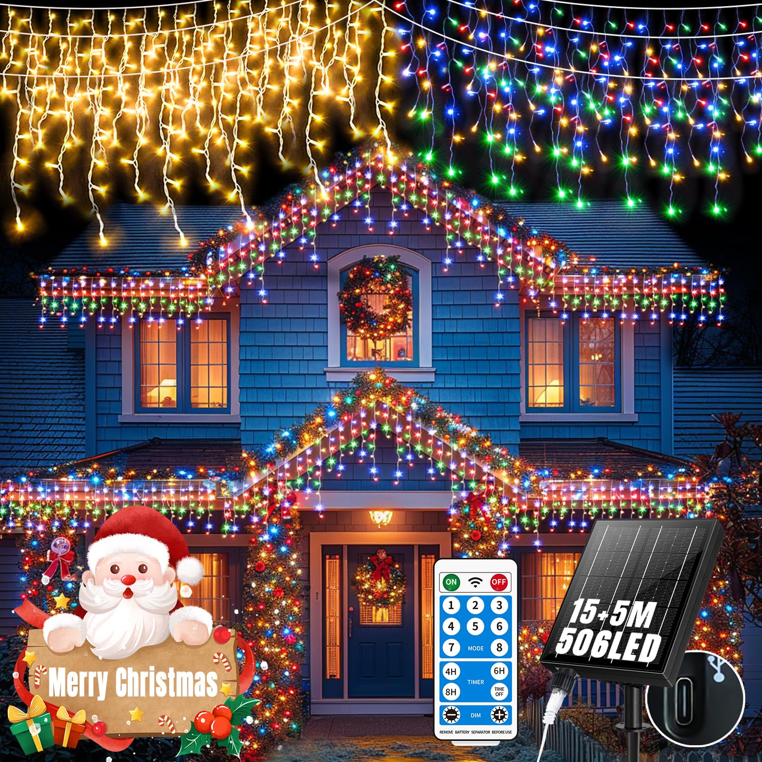 GCMacau 3 EN 1 Solar Cortina Luces Navidad Exterior [15m +5m], 506LEDs Luces Navidad Exterior,8 Modi,Expandible, USB Power,IP65 Impermeable Con Control Remoto Temporizador [Blanco Cálido+Colores]