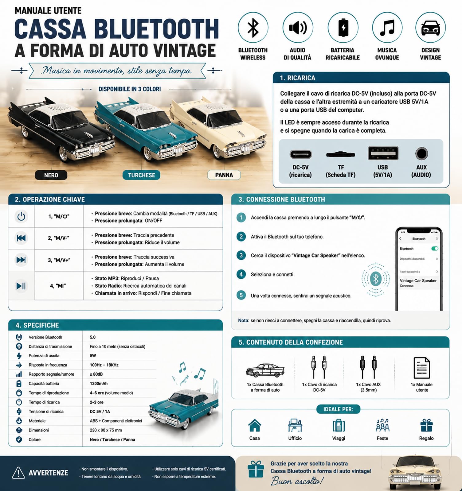 Doni Bomboniere Haut-parleur Bluetooth pour voiture, vintage, rétro, portable, sans fil, Bluetooth 5.0, stéréo, TWS, USB, carte TF, AUX, mini enceinte audio pour la maison, les voyages, les fêtes