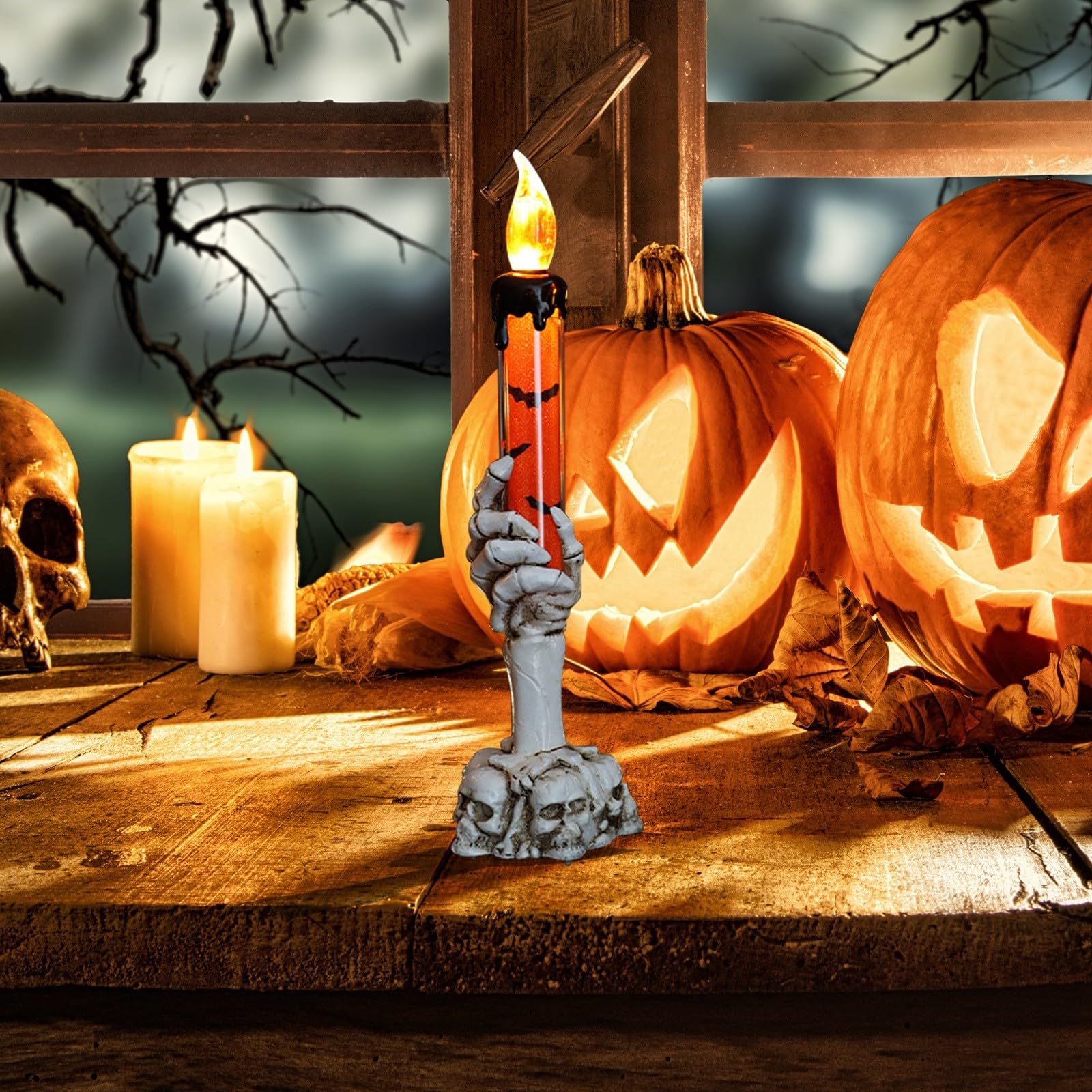 Halloween Night Flameless Lamp Decorations, Skull Hand Candle Holder Decor, Lights Battery Operated Ghost Skeleton Hand Ornament for Indoor Party, Bar, Home (C)