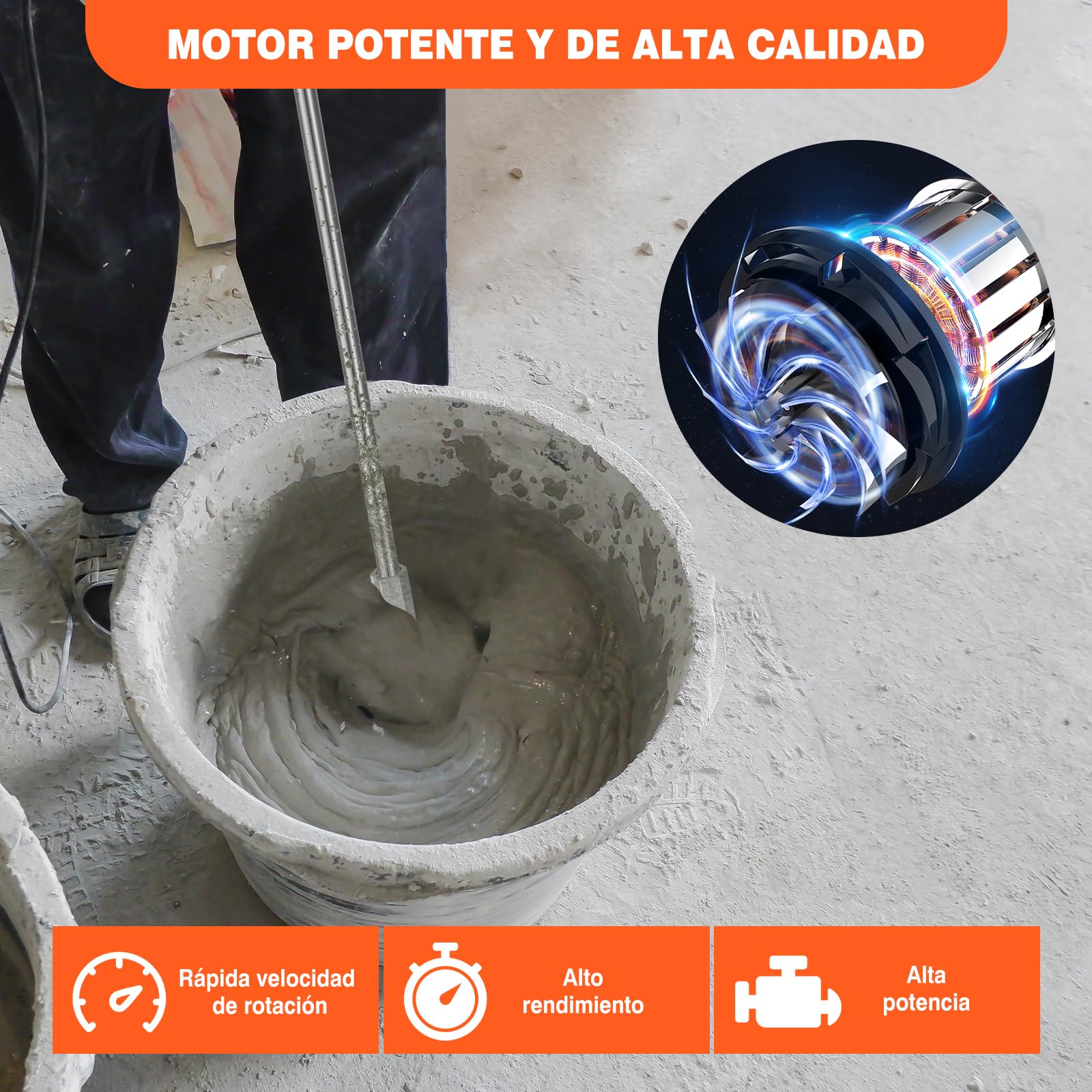 2600W Mezclador de Mortero,Mezclador Industrial, hormigoneras electricas, Agitador M14 Tornillo de Cromo, 6-Velocidad Variable Mezclador Eléctrico, Utilizado para Mezclar Pintura, Cemento, Naranja
