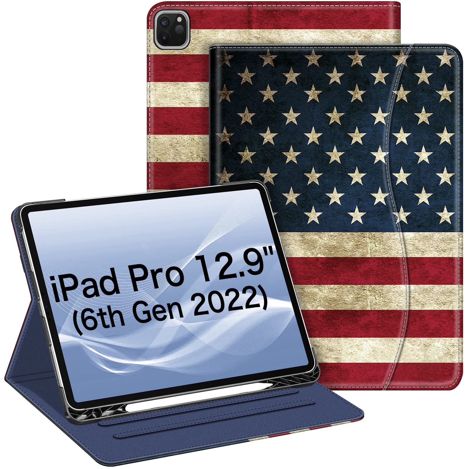 Fintie Folio Case for iPad Pro 12.9" 6th Generation 2022, Multi-Angle Smart Stand Cover w/Pencil Holder & Pocket, Also Fit iPad Pro 12.9 2021 5th & 2020 4th & 2018 3rd Gen, US Flag