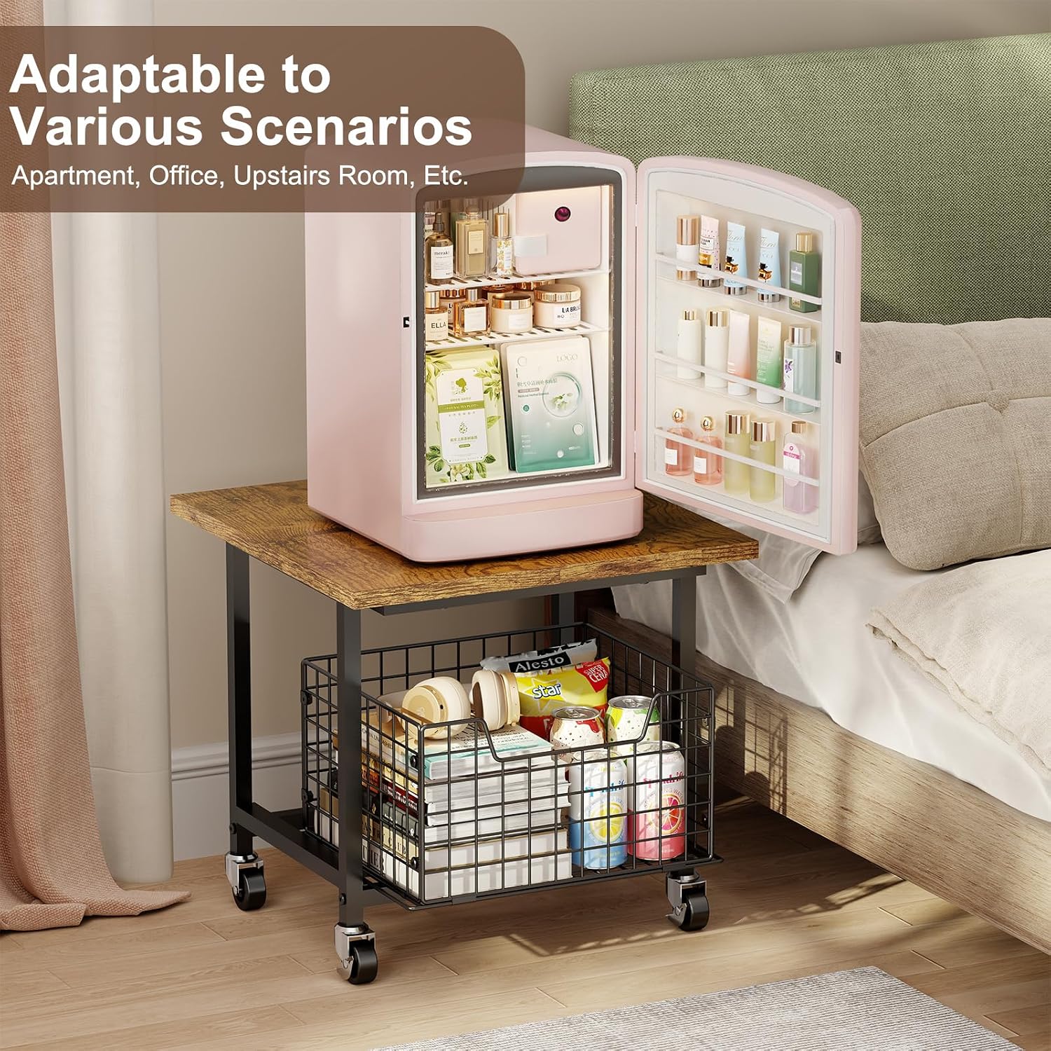 Mini Fridge Stand with Storage Small Refrigerator Stand with Wheels Mini Fridge Cart | Printer Stand Utility Cart Max Load 300 LBS, Dorm, Apartment, Kitchen, Office