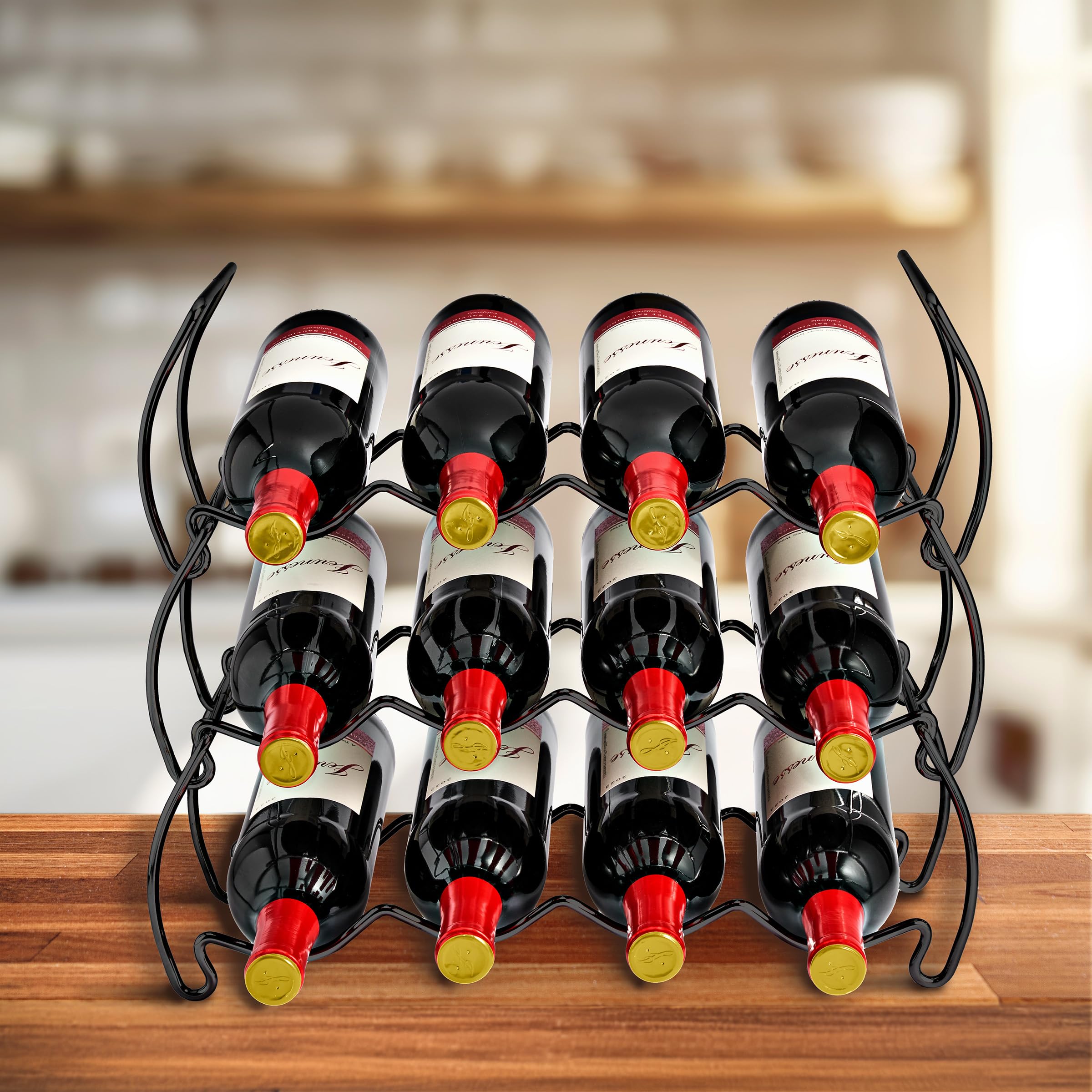 Sorbus Weinregal mit 3 Ebenen, stapelbar, klassischer Stil, Weinregale für Flaschen, perfekt für Bar, Weinkeller, Keller, Schrank, Speisekammer usw., für 12 Flaschen, Metall (schwarz)