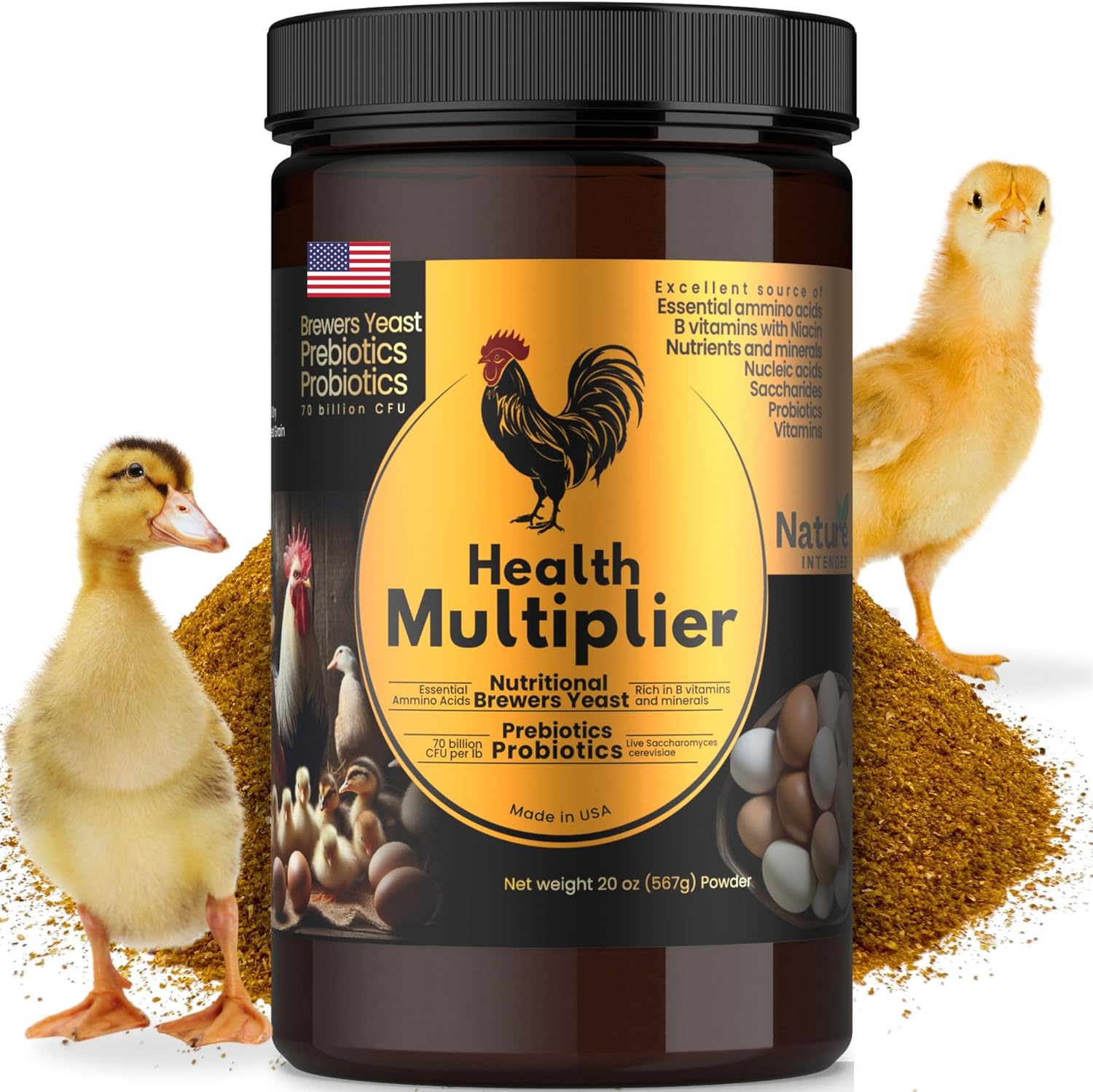 Brewer's Yeast + Probiotics + Niacin + Vitamins Supplement for Ducks, Chickens and Poultry. (Molt Recovery, Severe Stress, Egg Quality and Development) 20-Ounce PET Plastic Jar