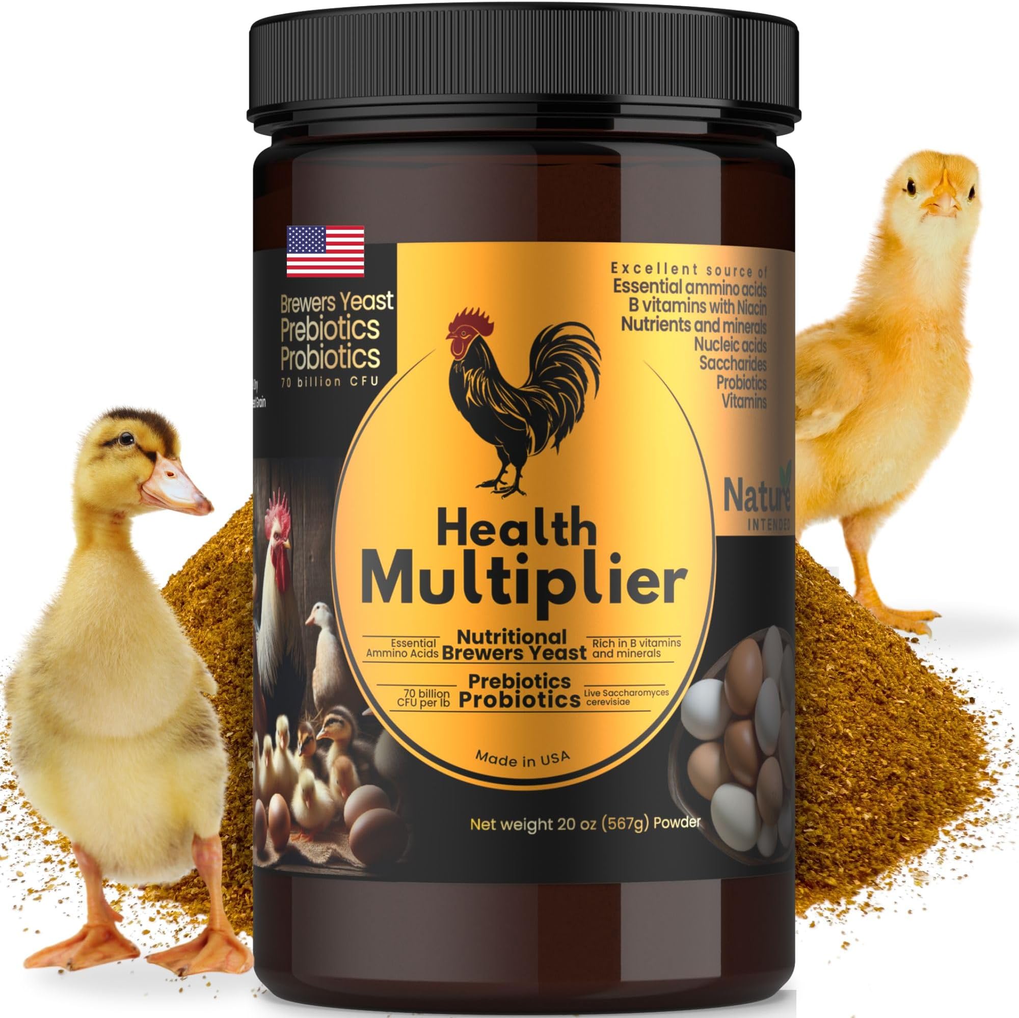 Brewer's Yeast + Probiotics + Niacin + Vitamins Supplement for Ducks, Chickens and Poultry. (Molt Recovery, Severe Stress, Egg Quality and Development) 20-Ounce PET Plastic Jar