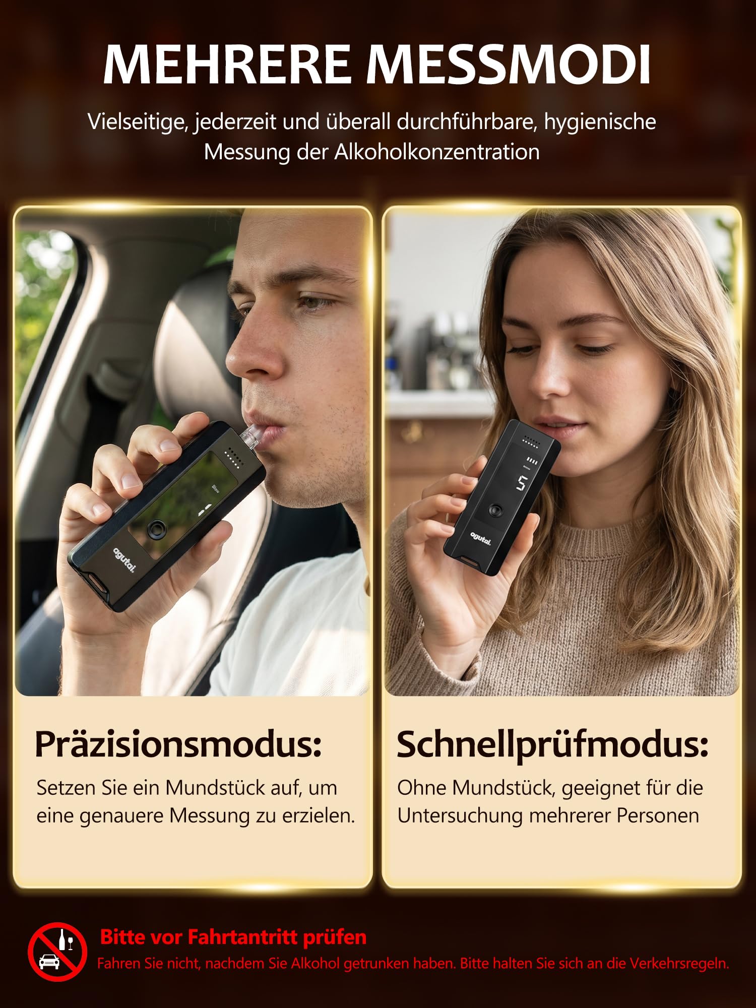 Alkoholtester Polizeigenau Professioneller Alcohol Tester : Hochpräziser Promillemessgerät Zwei Messmethoden mit Digitaler LCD-Anzeige - Tragbarer Atemalkoholtester USB-C-Aufladung mit 10 Mundstücke