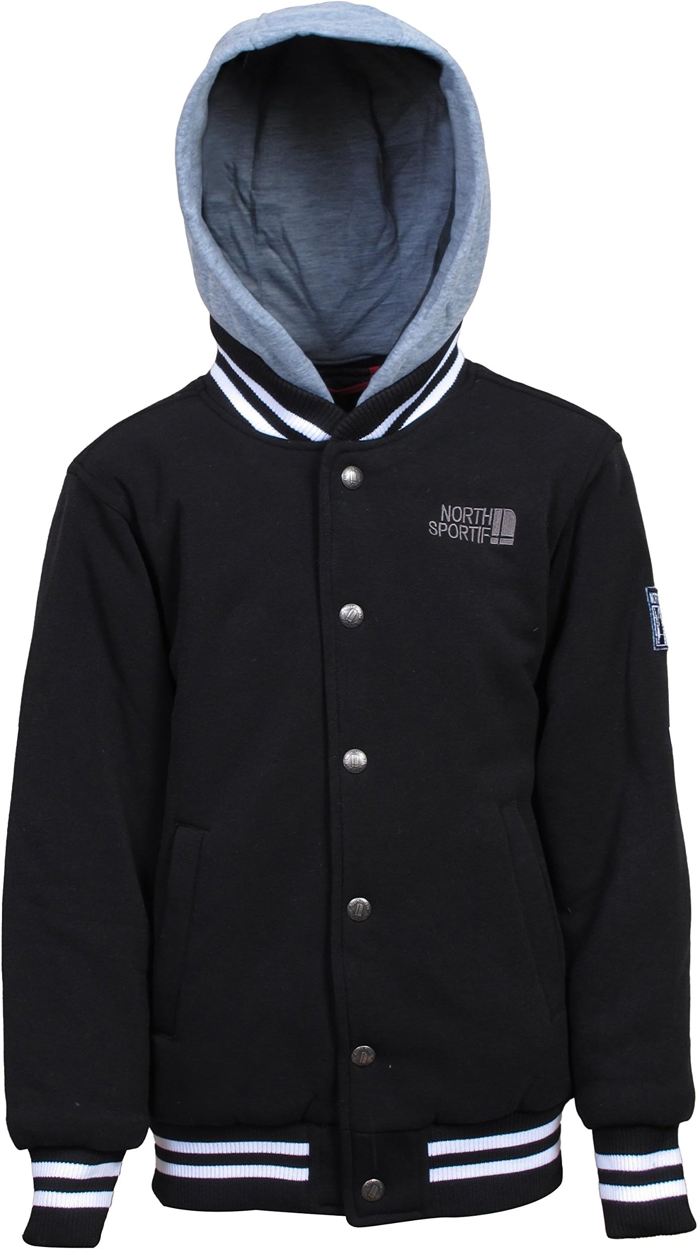 Boys Fleece Baseball Jacket - Snap Front With Hood, Black, Medium 10/12'