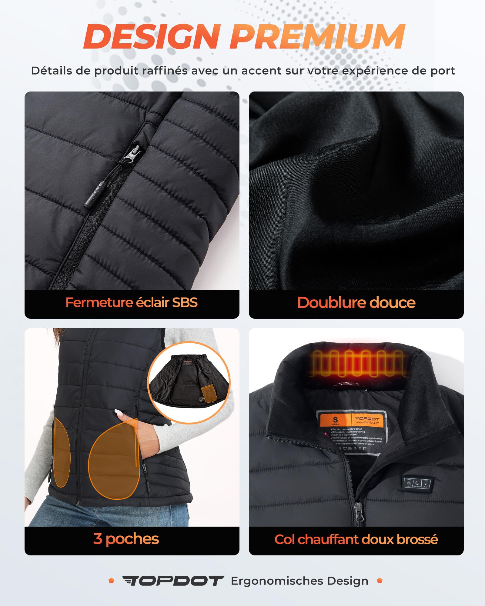 Topdot Gilet Chauffant Femme avec Batterie 7.4V 16000mAh, 10 Zones de Chauffage, Gilet Chauffant à 3 Niveaux de Température, Veste Chauffante pour le vélo, Camping, Travail en Extérieur