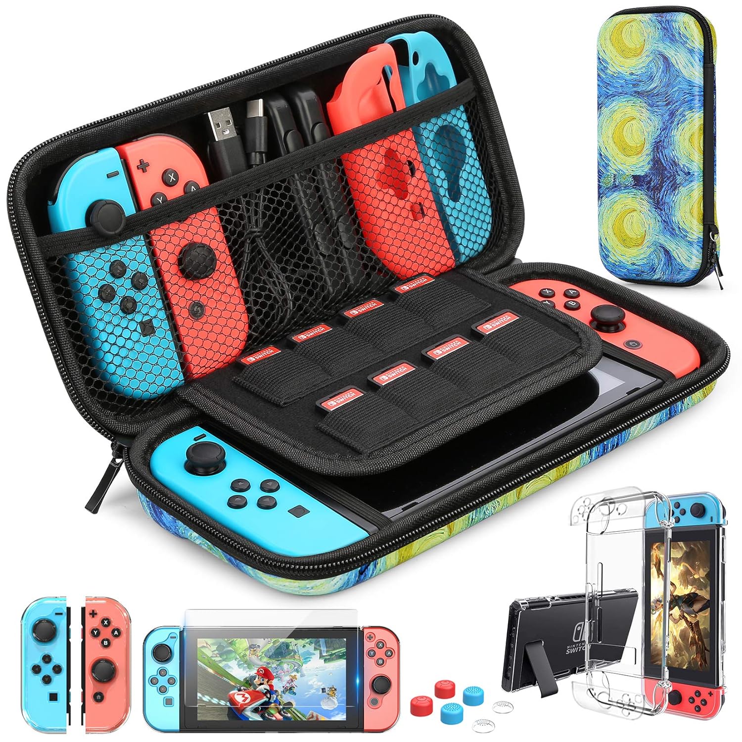 HEYSTOP Switch Carrying Case with Screen Protector, 9 in 1 Accessories Kit and 6 Pcs Thumb Grip, Protective Case