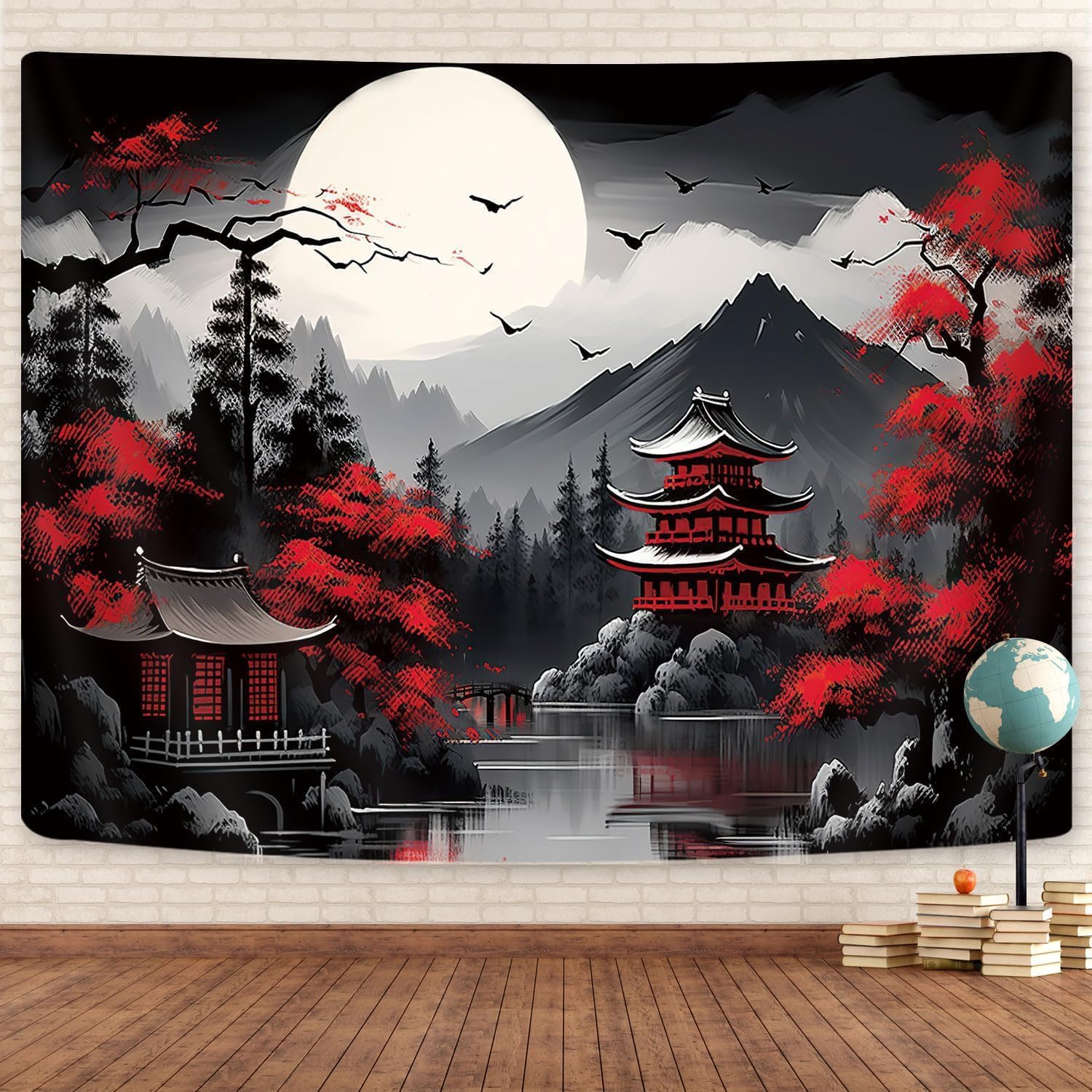 Mountain Forest Nature Tapestry for Bedroom, Black and White Moon Landscape Wall Hanging, Tree Sunset Dark Large Asia Japanese Tapestries Aesthetic Anime Art Decor for Living Room College Dorm, 80x60 image 2