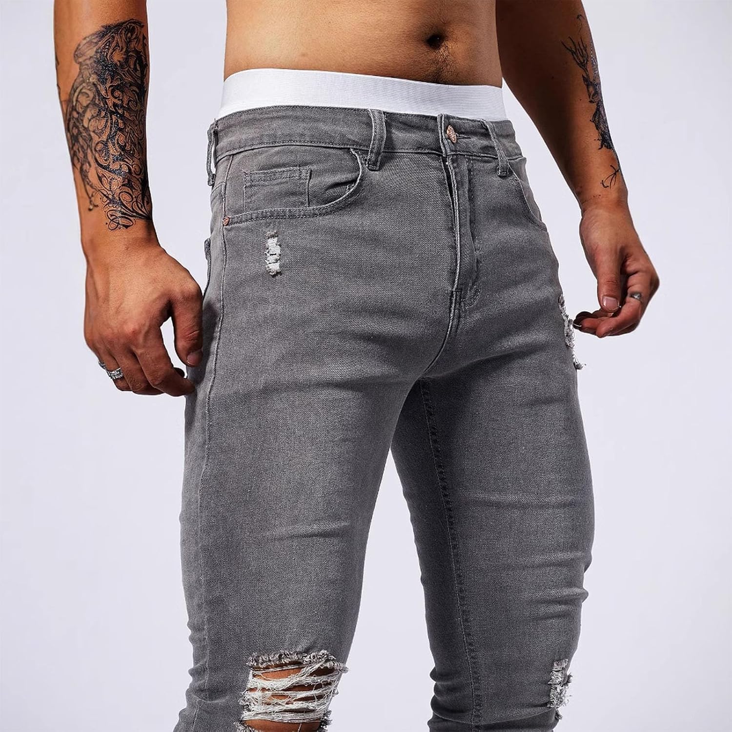 Men's Skinny Ripped Jeans Stretch Distressed Denim Pants Summer Casual Destroyed Bootcut Jeans with Pockets