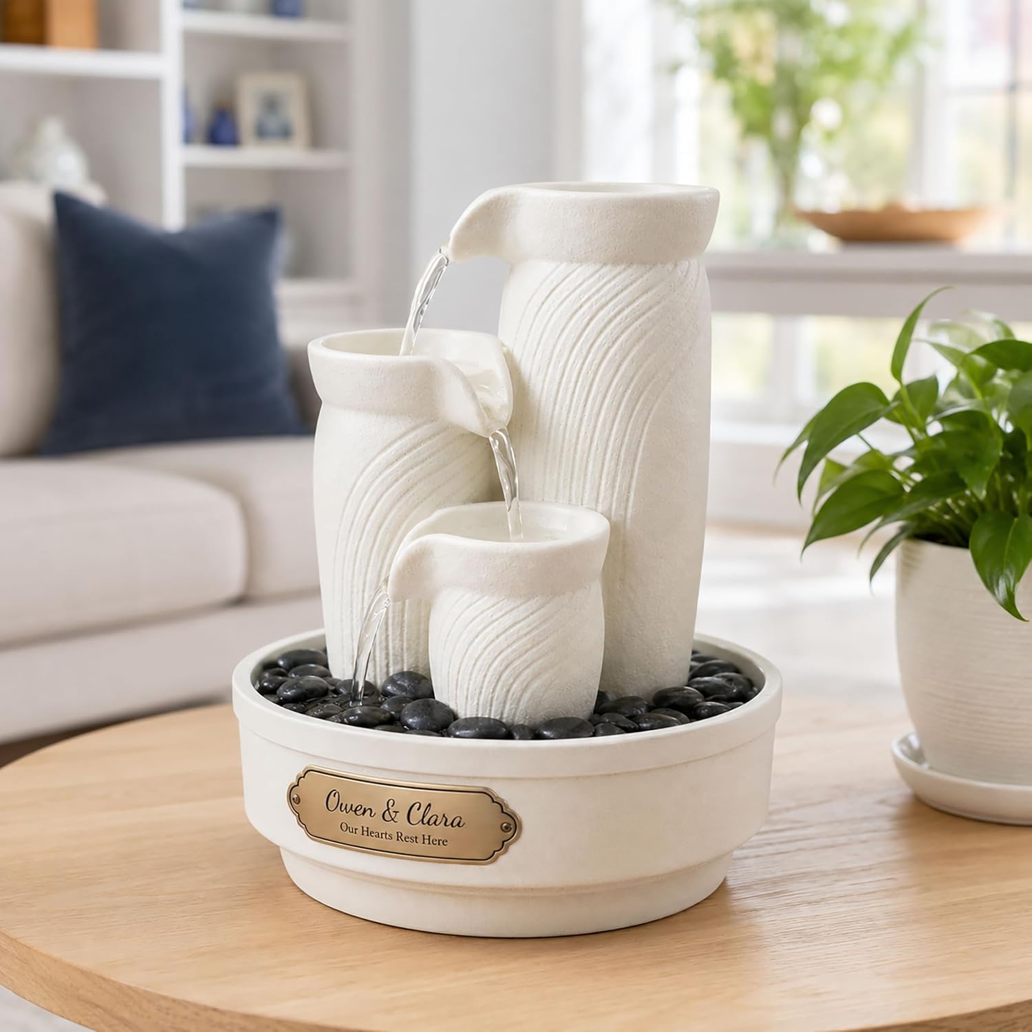 Pottery Inspired Indoor Water Feature - Engraved Name Plate - Cascading Tabletop Fountain (White)