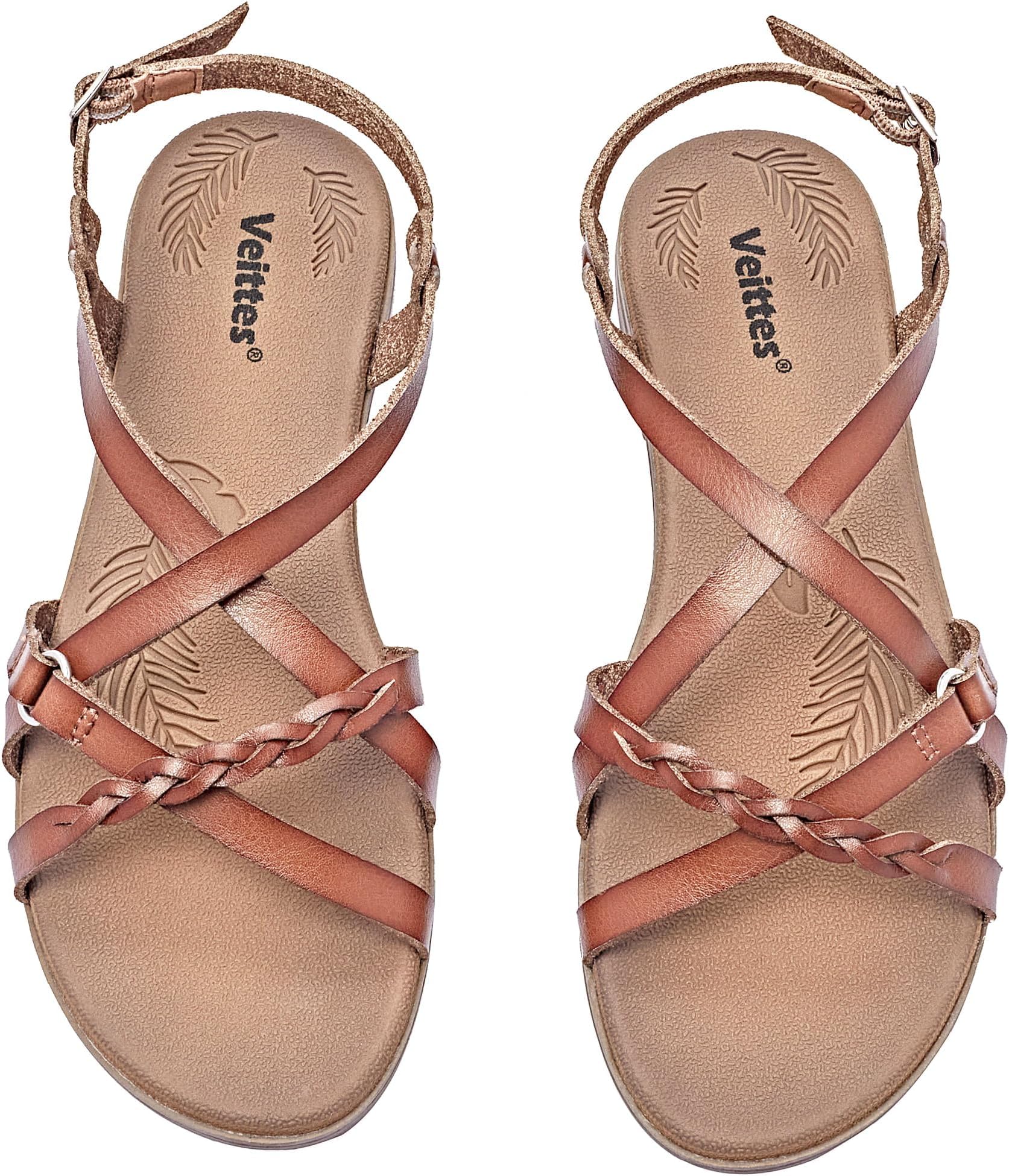 Veittes Women's Casual Flat Slide Sandals,Fashion Braided Cross Strap,Adjustable Ankle Straps, Open Toe Summer Sandals.