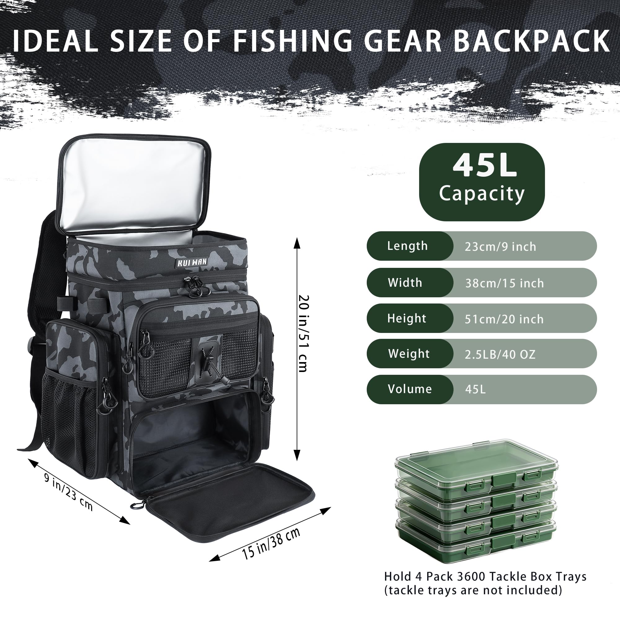 Angelrucksack mit Kühler & 4 Rutenhalter, große 45 l Angelausrüstungstasche, Geschenke für Männer und Frauen, Camouflage-Rucksack