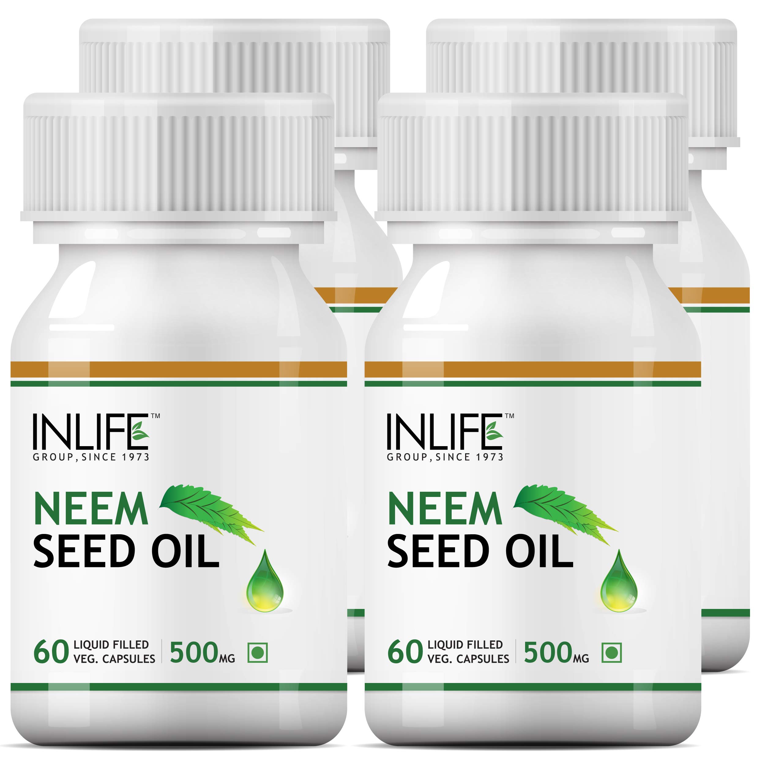 InlifeNeem Seed Oil Supplement, 500 mg - 60 Liquid Filled Vegetarian Capsules (Pack of 4)