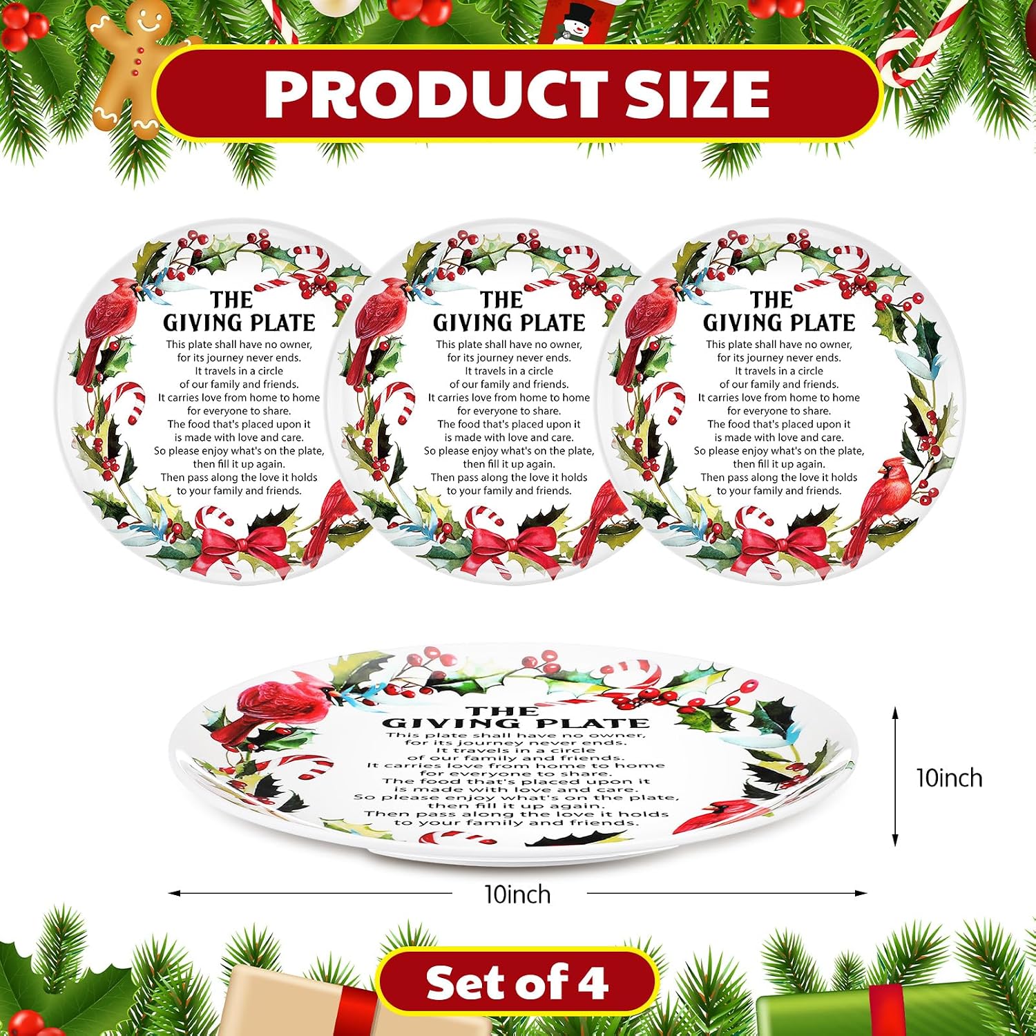 FoldTier 4 Pcs Christmas Giving Plate with Poem 10 x 10 Inch Holiday Plate