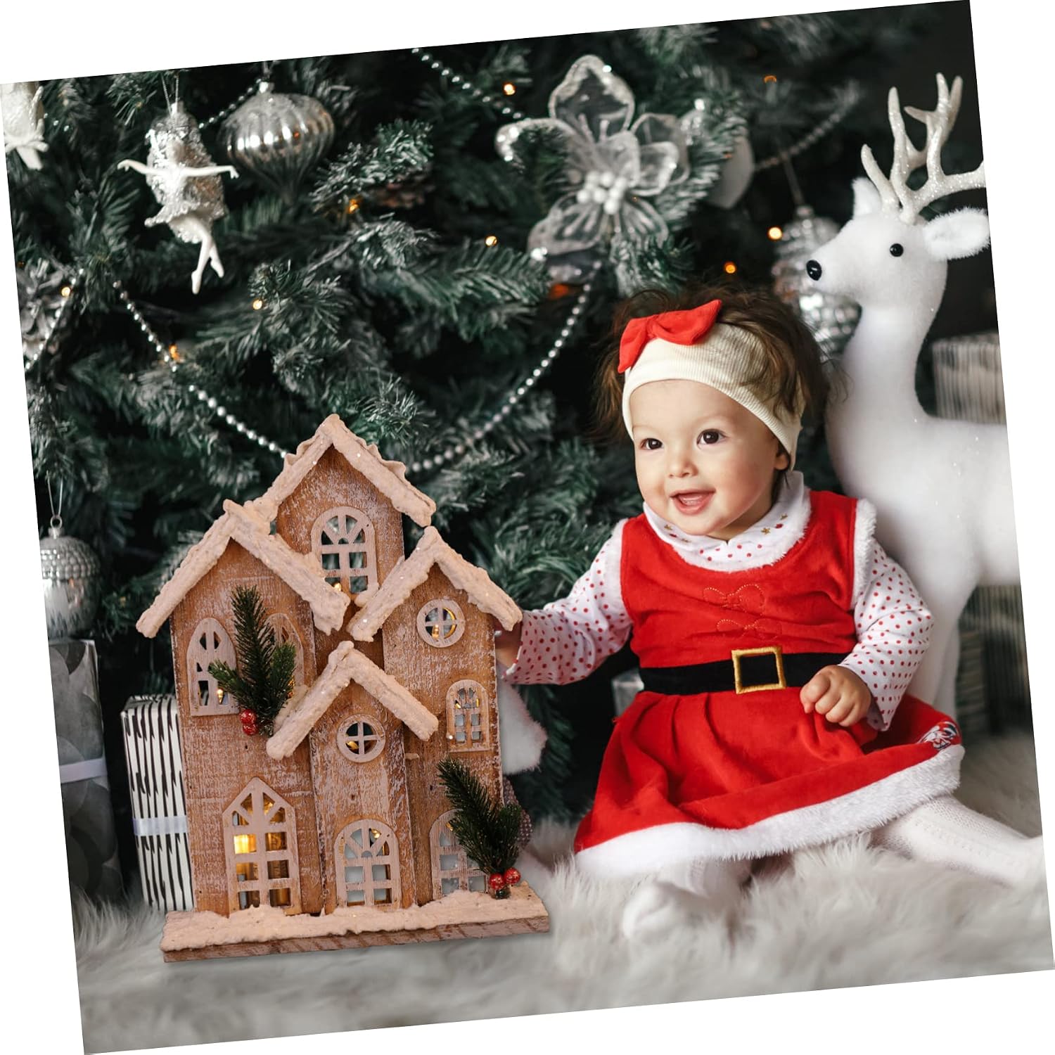 WOONEKY 1pc Christmas House Decor Ornament Mini Wood Adornment for Festive Scene Battery Xmas Decoration Charming Holiday Accent for Home and Parties