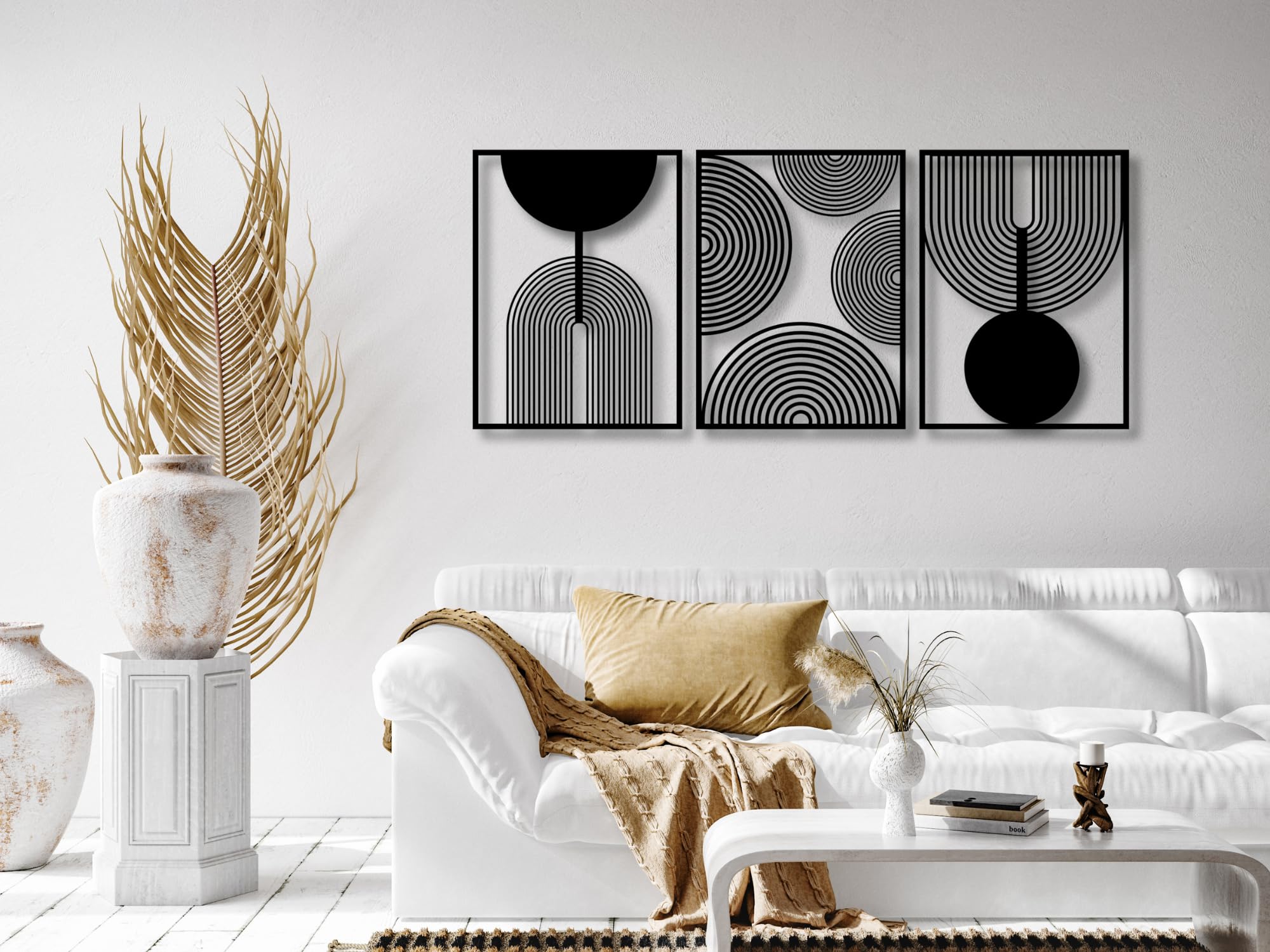 VAILLA ® Juego de 3 decoraciones de pared bohemias, geométricas de madera, decoración del hogar, decoración de pared grande, cuadros para dormitorio, salón (Boho 1)