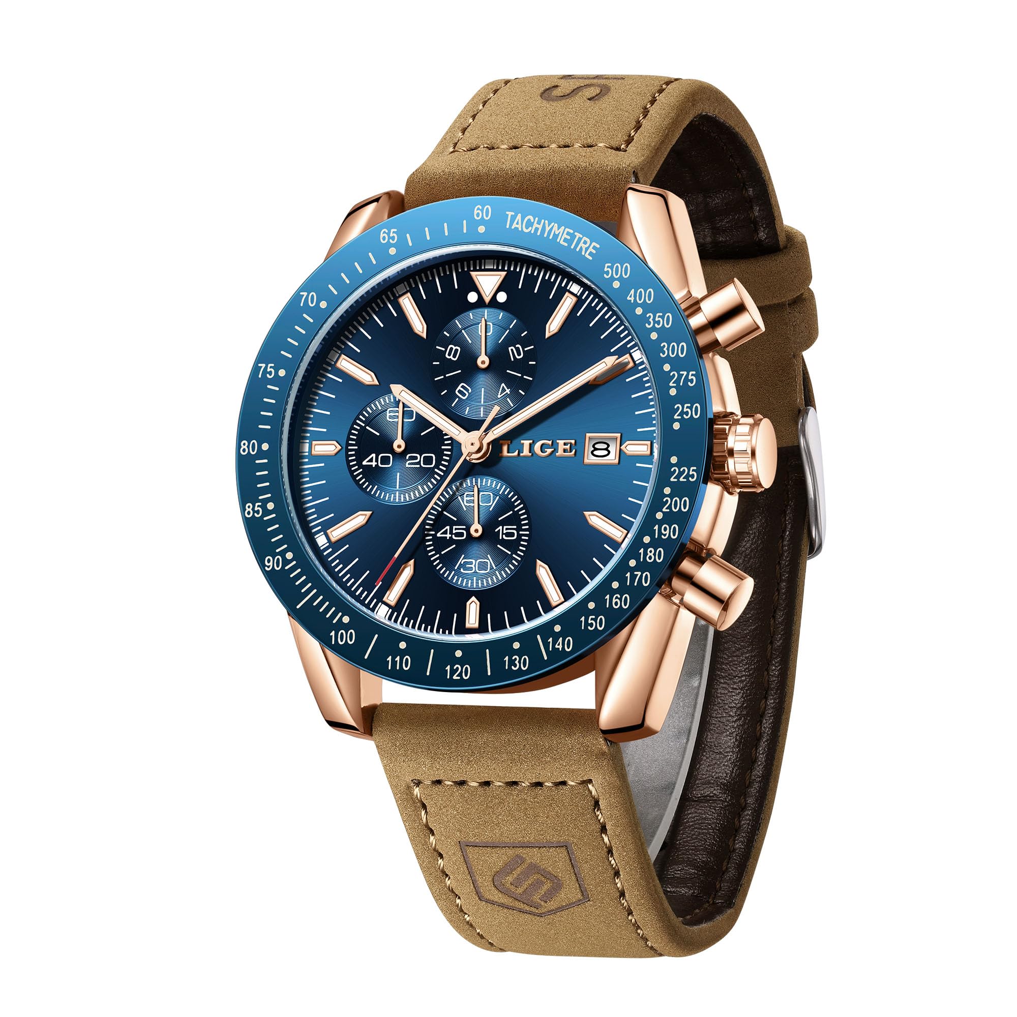 LIGE Uhren Herren, Analog Quarz Armbanduhr Herren, Chronograph Lederarmband Wasserdicht Braun, Kalenderfunktion Leuchtzeiger, Herrenuhr Fur Business Casual Stil