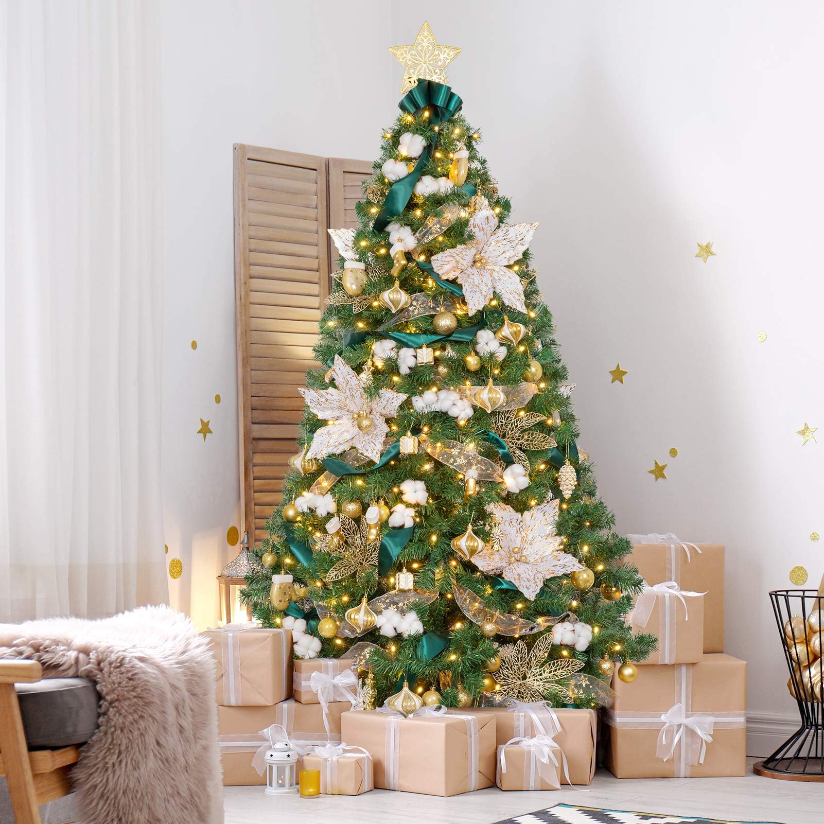 WBHome 6FT Pre-lit Artificial Christmas Tree with Ornaments, Champagne and Sante Green Decorated Christmas Tree, Decorations Including 6 Feet Full Tree, 107pcs Ornaments and 300 Clear Lights