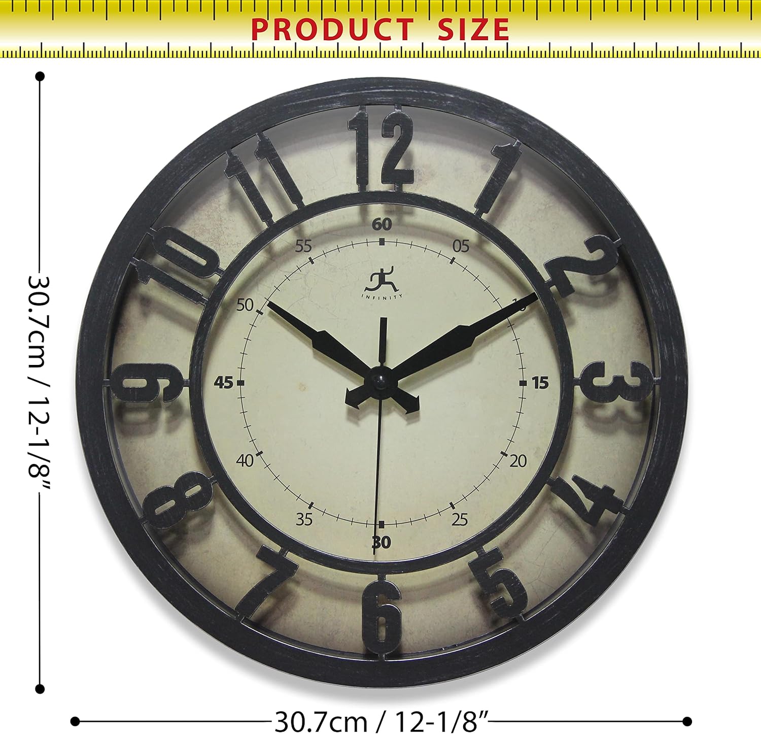 Infinity Instruments 12 inch Classic 3D Numbers Indoor Round Non-Ticking Silent Battery Operated Easy to Read Wall Clock for Living Room, Bedroom, Kitchen, Home Office, Black