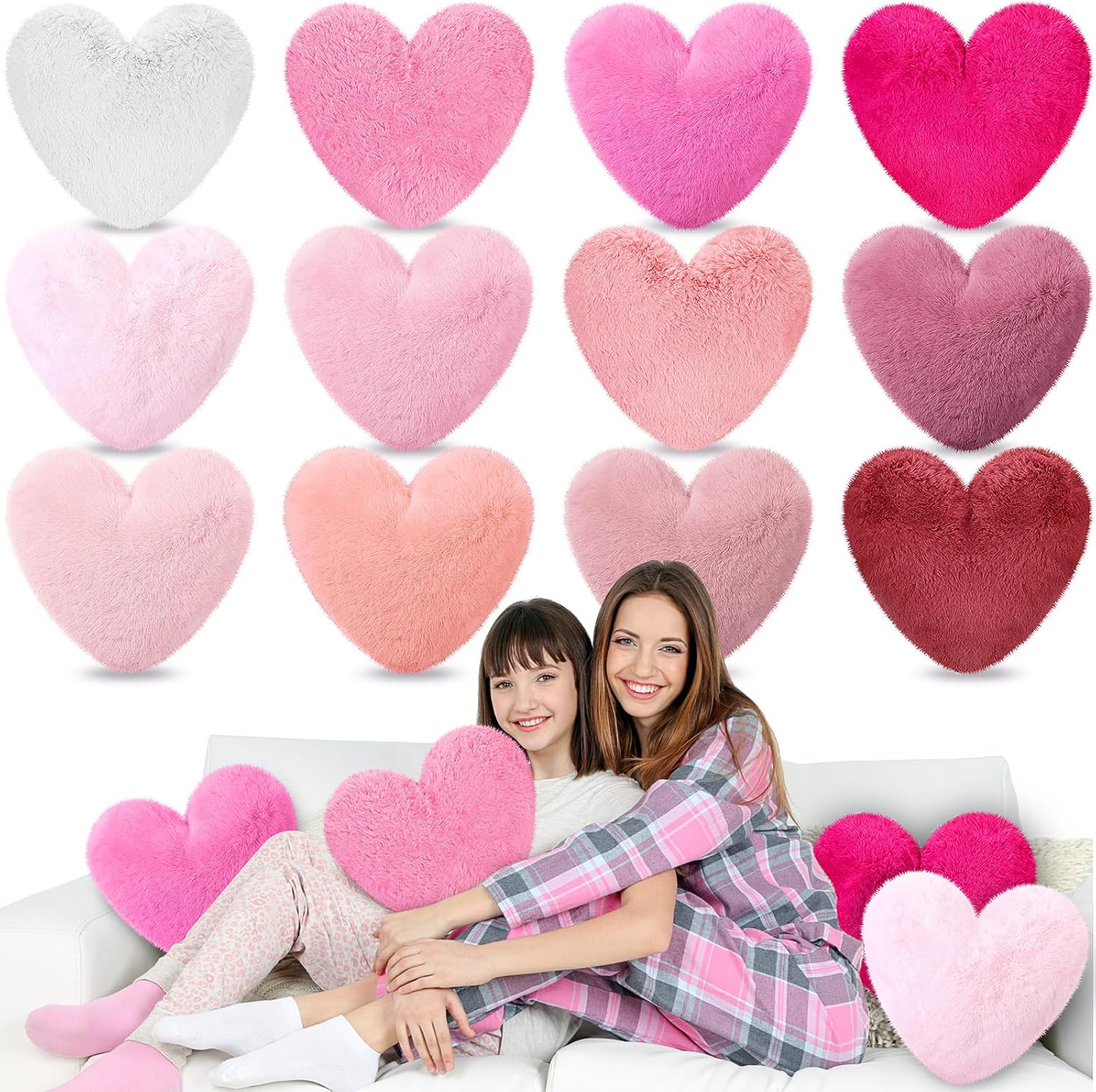 Liliful 12 Pcs Heart Pink Pillows Valentine's Day Faux Rabbit Fur Heart Pillows 11.8 x 11 Inch Cute Soft Throw Couch Cushion for Bed Sofa Decorative Room Decor(Classic Colors)