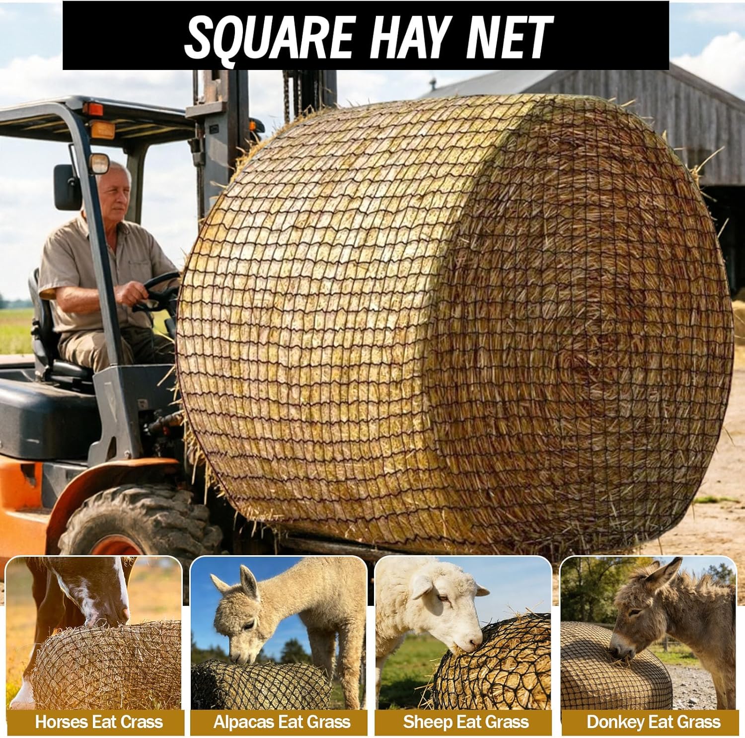 Hay Net for Horses, Slow Feed Hay Nets for Horses Round Bale Hay Net, Heavy Duty 1.5 Inch Mesh Horse Hay Net for Pasture Stable (5x5 Ft)