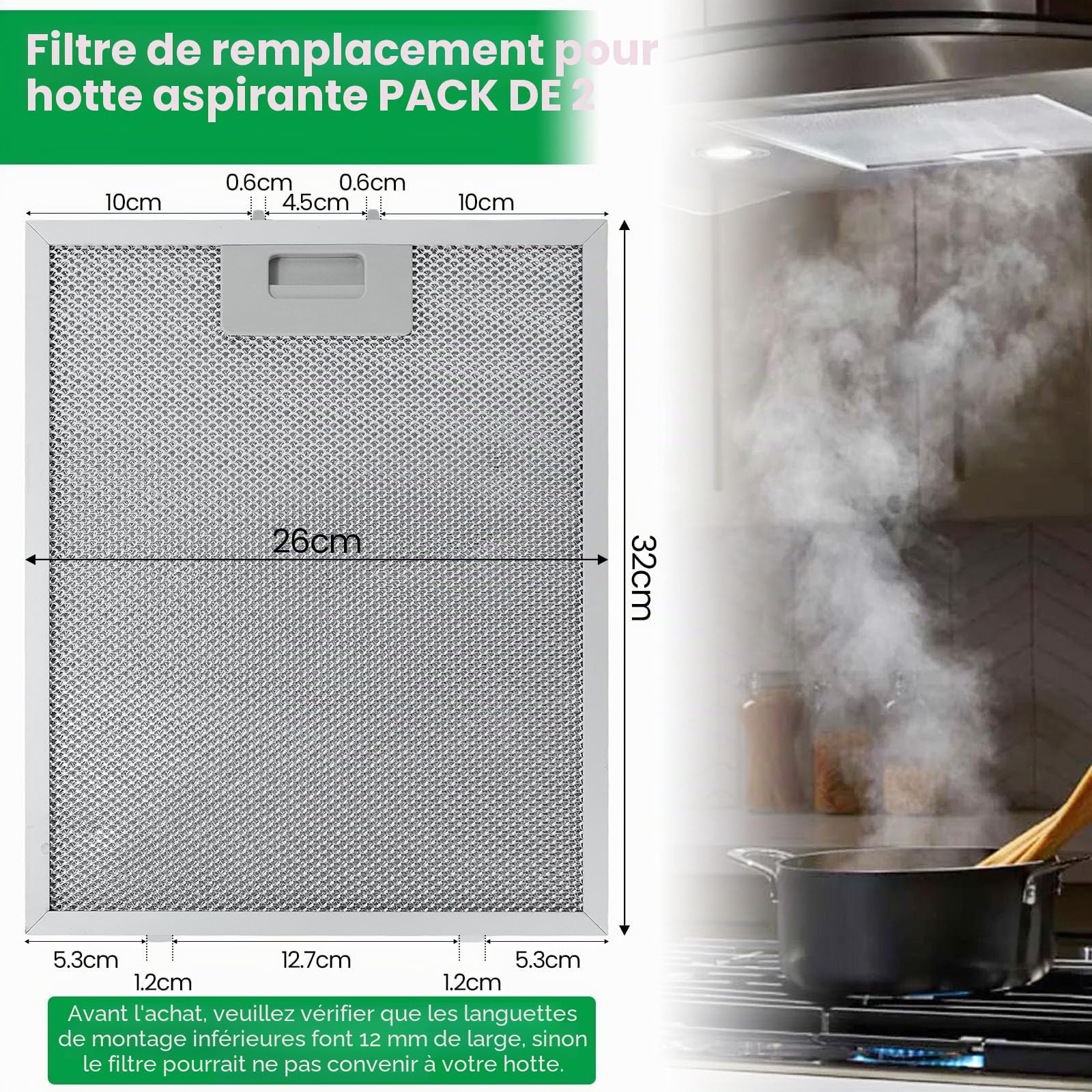 Graisse Couches Pour Grille Hotte Aspirante, Filtre Hotte 32x26 Pack 2 Aluminium Lavables Grille Universelle Filtre Hotte Convient Uniquement Aux Pattes De 12 mm