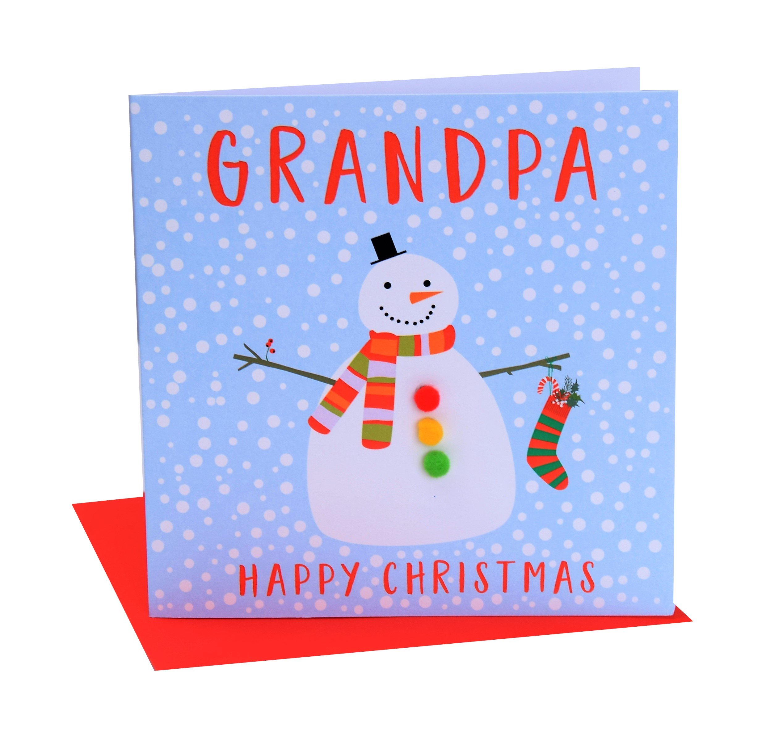 Claire Giles Greeting Cards, Happy Christmas Grandpa Card, Snowman Design Xmas Greeting Card, Embellished with Colourful Pompoms