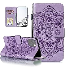 EYZUTAK Mandala Case for iPhone 14/iPhone 13, Premium Leather Flip Wallet Card Slots Magnetic Stand Protective Ultra Slim Shockproof Case with Lanyard, Embossed Flip Cover - Purple