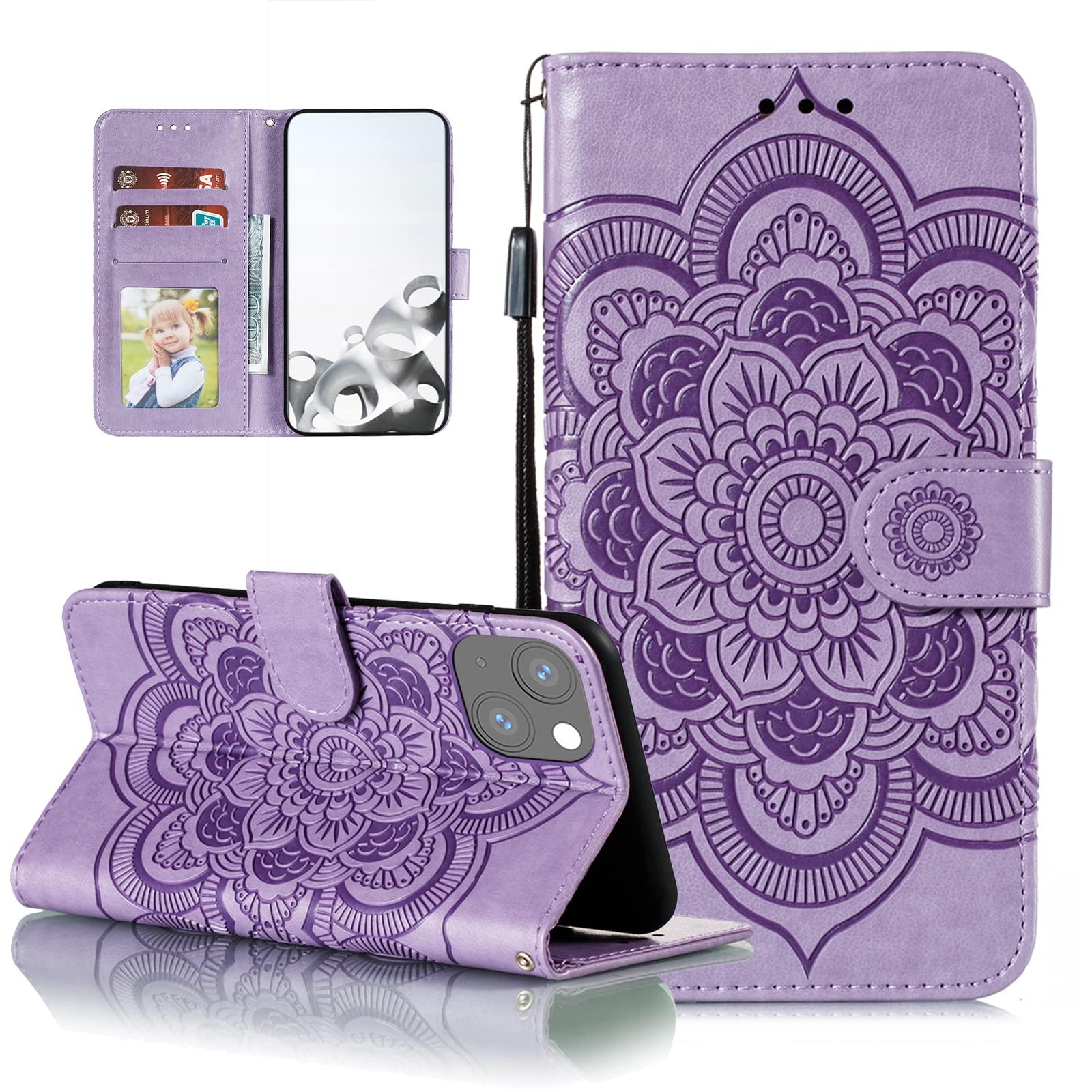 EYZUTAK Case for iPhone 15 Plus, Premium PU Leather Magnetic Flip Wallet Case with Card Holder Cash Slot Lanyard Strap Kickstand Function Embossed