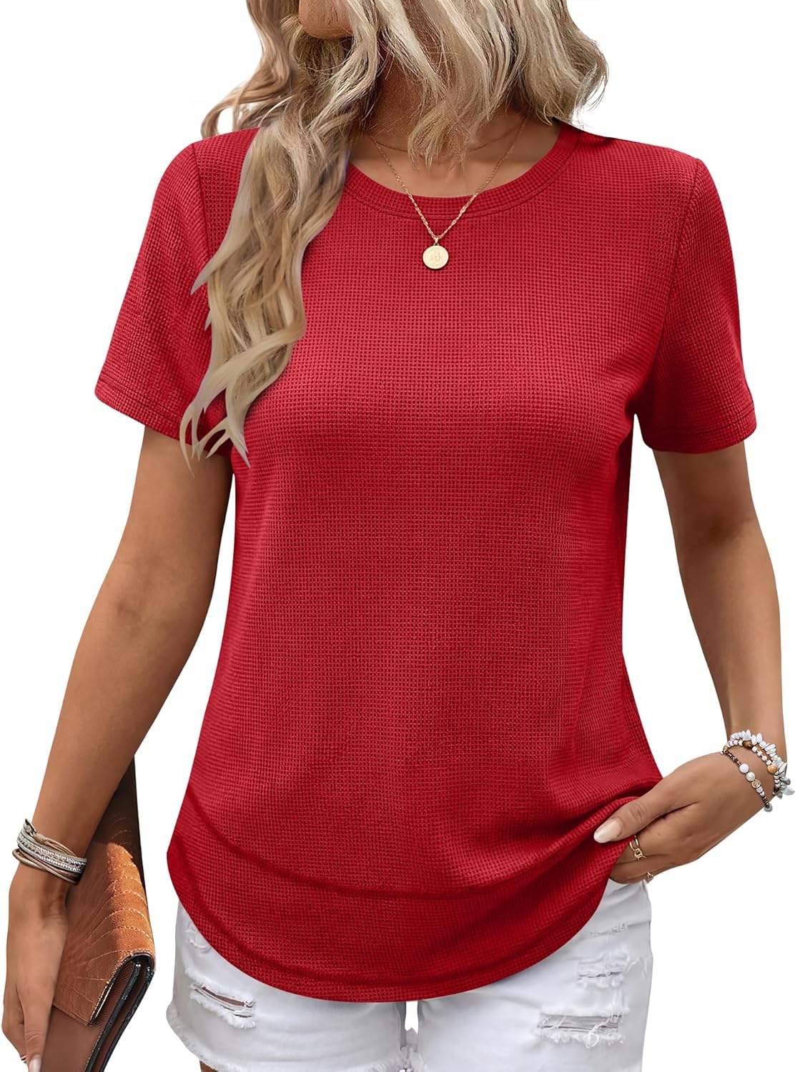 ANRABESS Womens Waffle Knit Tops Short Sleeve Crewneck Shirts Curved Hem Summer Dressy Casual Blouses Spring Fashion Clothing