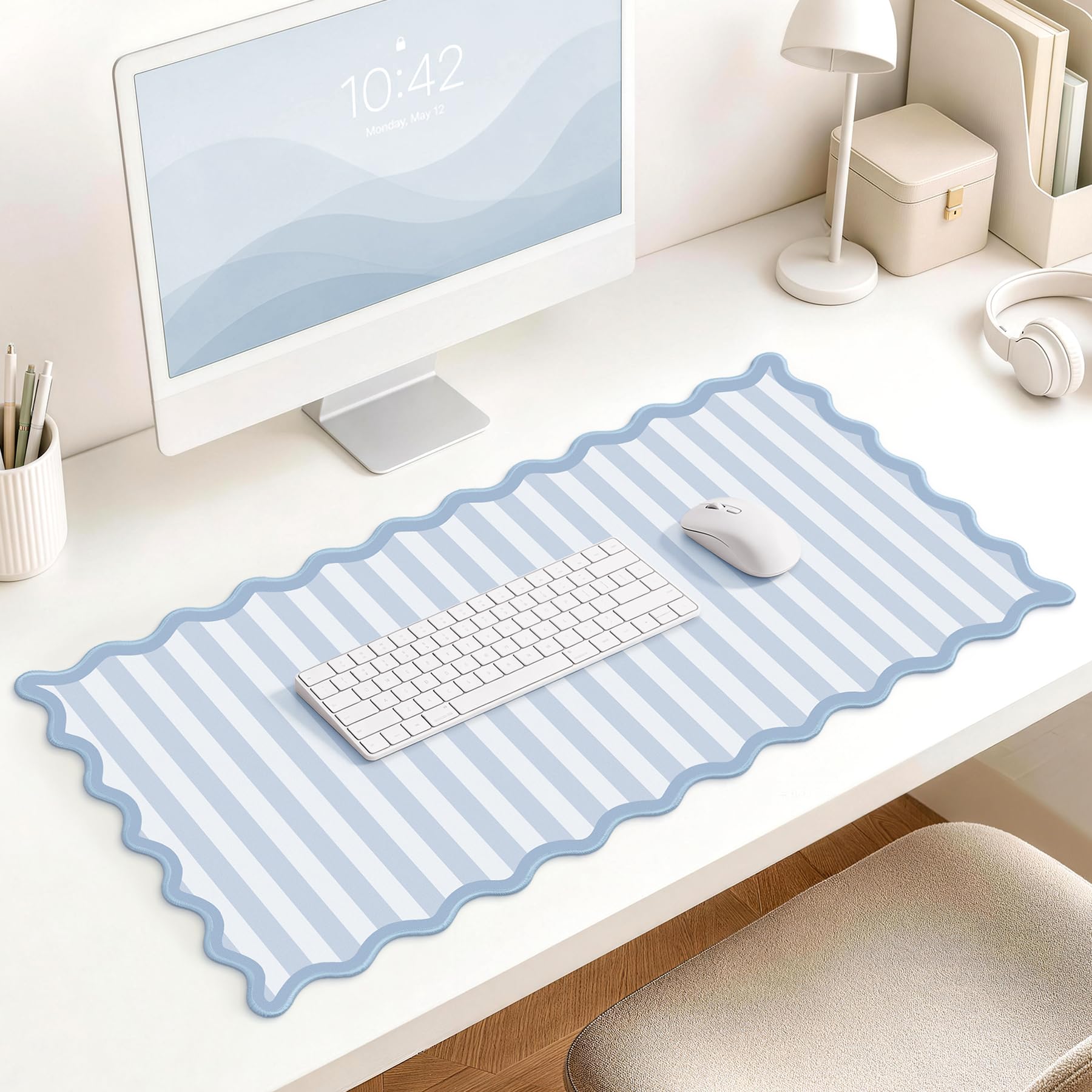 HAUTOCO Scalloped Desk Mat 80 X 40cm, Aesthetic XL Large Mouse Pad Blue