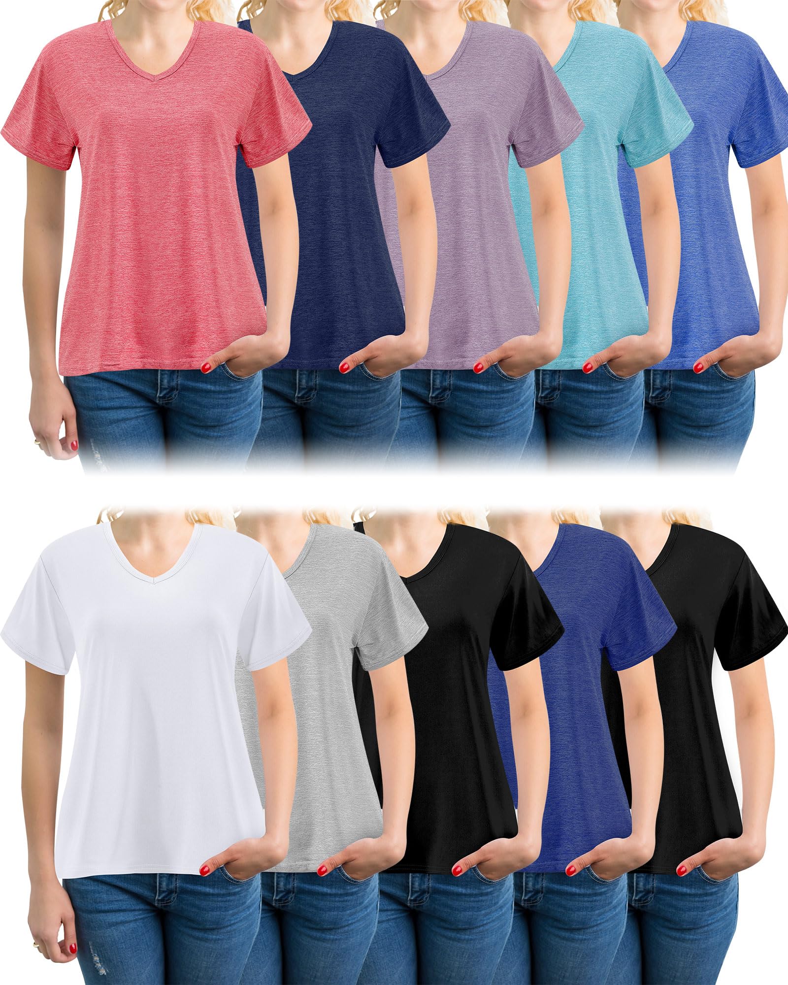 Taiyin 10 Stück schnelltrocknende Damen-T-Shirts, V-Ausschnitt, kurzärmelig, leicht, für Workout, Athletik, Yoga, Wandern, Laufen