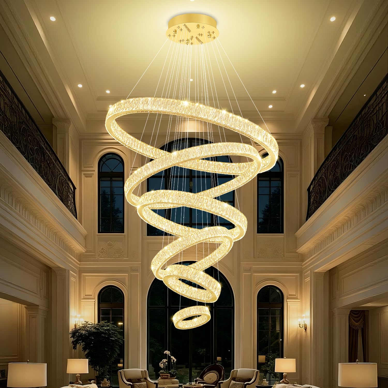 Photo 1 of IDEQUY Extra Large Ring Chandelier Modern LED Gold 6 Ring Chandelier for High Ceiling Long Stair Crystal Chandeliers D8+15.7"+23.6"+31.5"+39.4"+47.5"