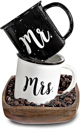 Mr and Mrs Mugs - Tazas de café de cerámica para fogata, juego de tazas de café de Mr and Mrs de 11 onzas, tazas de café únicas, tazas de café Mr &