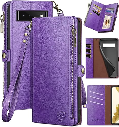 XcaseBar Funda tipo cartera para Google Pixel 6A con cremallera y tarjetero de crédito con bloqueo RFID, funda de piel sintética con tapa para