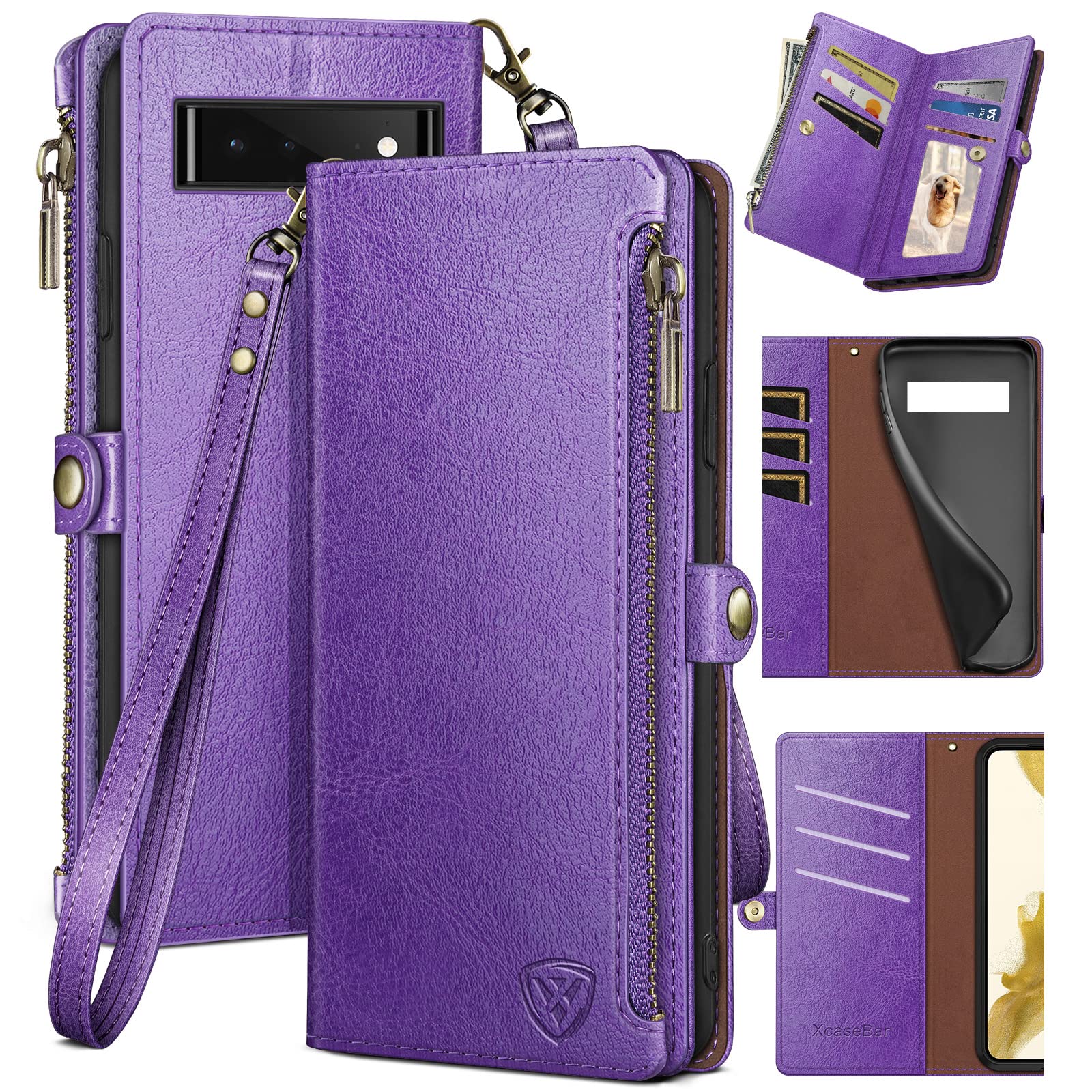 XcaseBar for Google Pixel 6 Wallet case with Zippe Credit Card Holderr ?RFID Blocking?, Flip Folio Book PU Leather Phone case Shockproof Cover Women Men for Pixel 6 case Purple